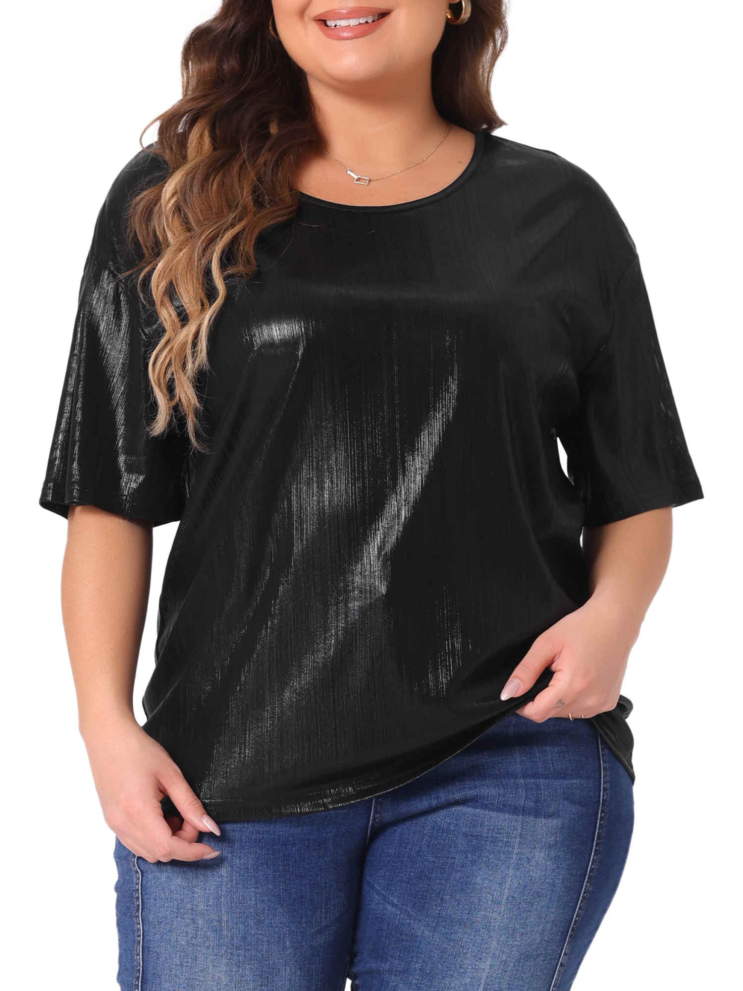 Agnes Orinda Plus Size Metallic Tops for Women Round Neck Short Sleeve Party Shirts Disco Blouses Sparkly Tee Top