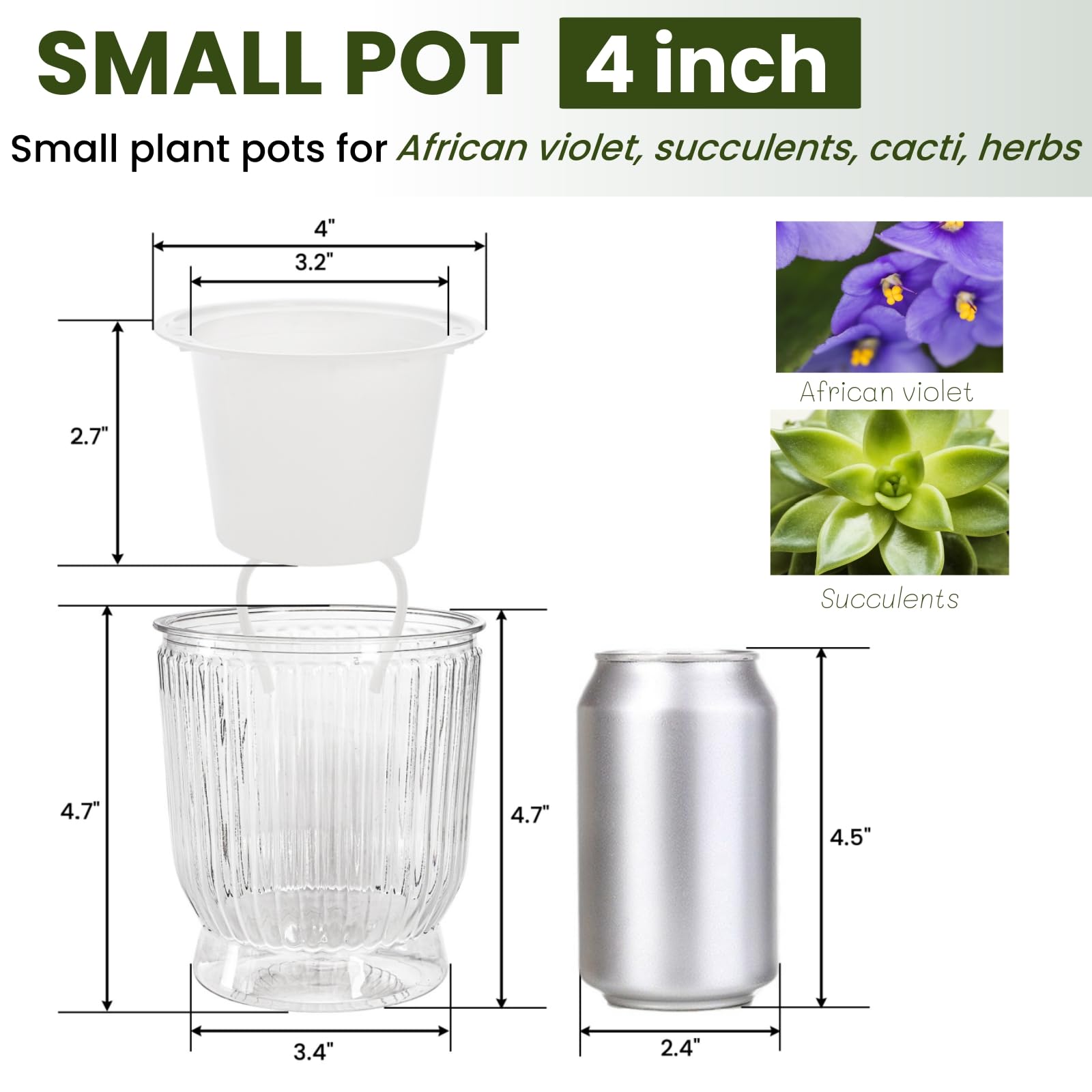 ZOOFOX Lot de 10 petits pots de fleurs à arrosage automatique de 10,2 cm pour plantes d'intérieur, pots de fleurs en plastique à rayures pour toutes les plantes d'intérieur, herbes, aloès, violettes
