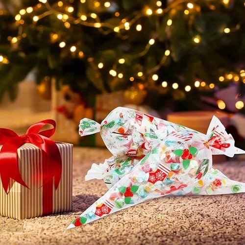 Miniatura 4 de Konsait 120 bolsas de dulces de Navidad, bolsas de celofán, bolsas de golosinas de cono transparente para galletas con lazos giratorios para