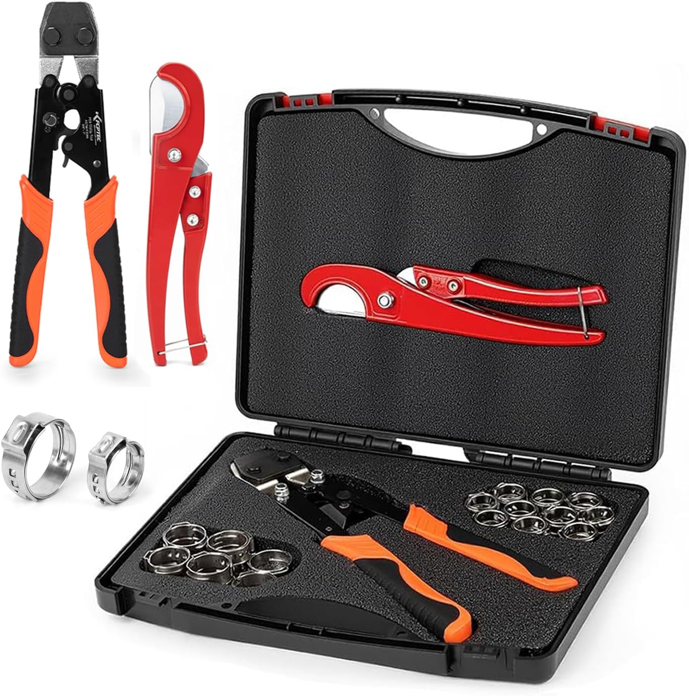 KF CPTEC PEX Clamp Tool Kit with Pipe Cutter, Ratcheting PEX Cinch Tool for 3/8"–1" Stainless Steel Clamps (ASTM F2098 Compatible), Includes 1/2"x20 & 3/4"x10 Clamps, Carrying Case