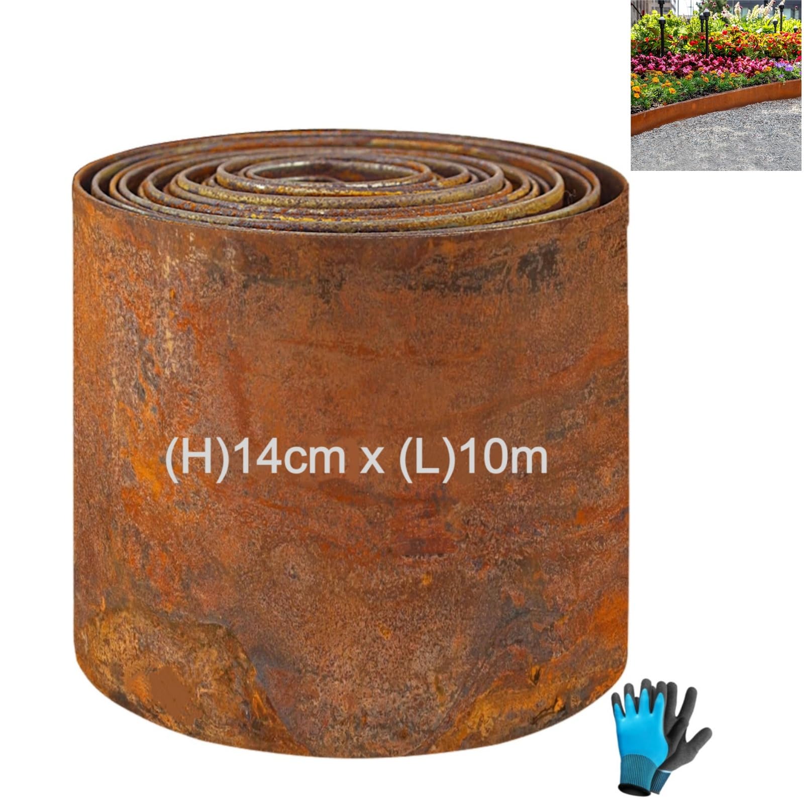 Bordo Per Prato In Acciaio Corten, 10m(L) X14cm(H) Bordatura Per Aiuole In Metallo, Bordo per Aiuole Con Ruggine, Facile da Montare, Bordo per Aiuole, Sentieri da Giardino, Con 1 Paio di Guanti