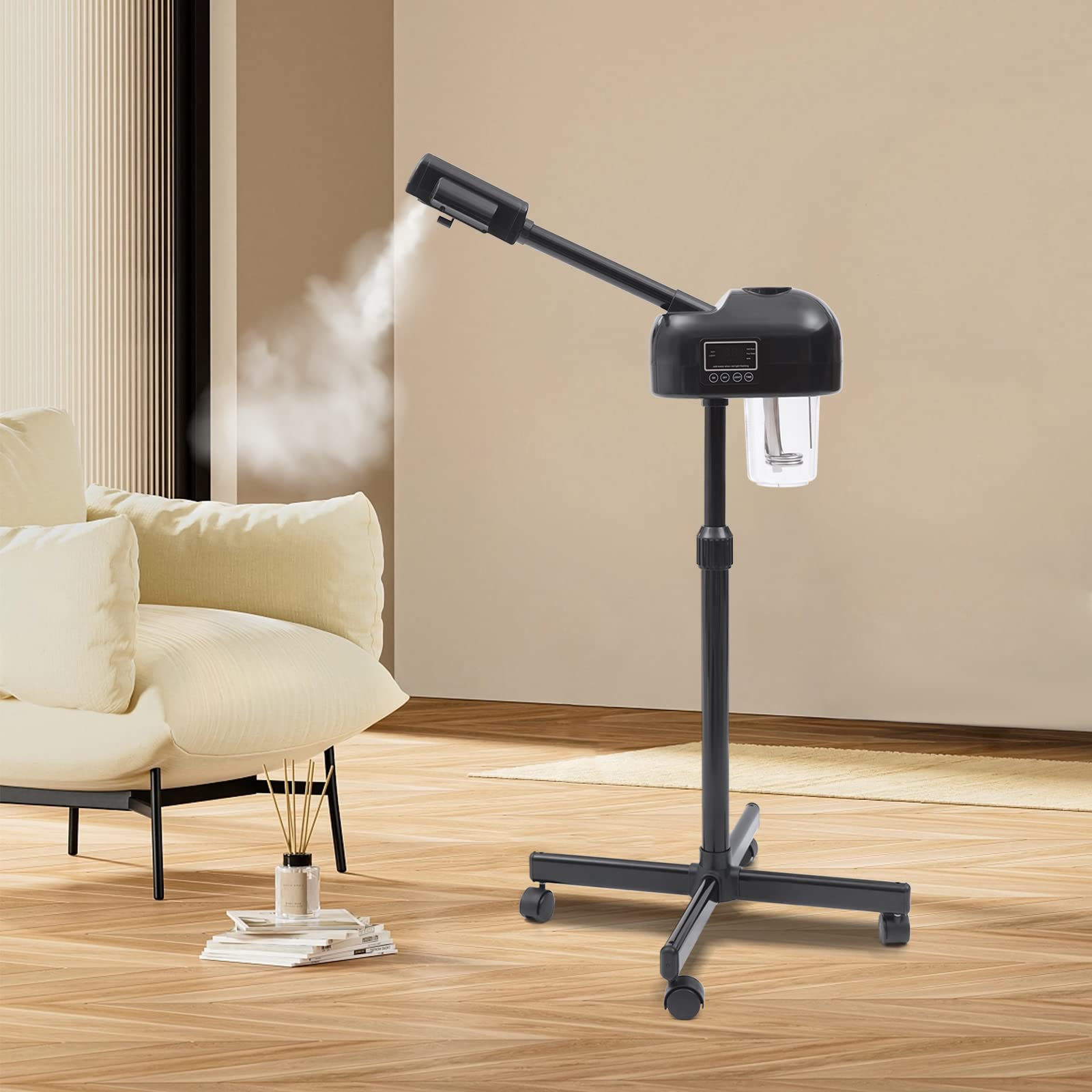 vapozone portatile estetico professionale regolabile in altezza vapore facciale con schermo LCD e ruote, adatto per saloni di bellezza a casa (nero)