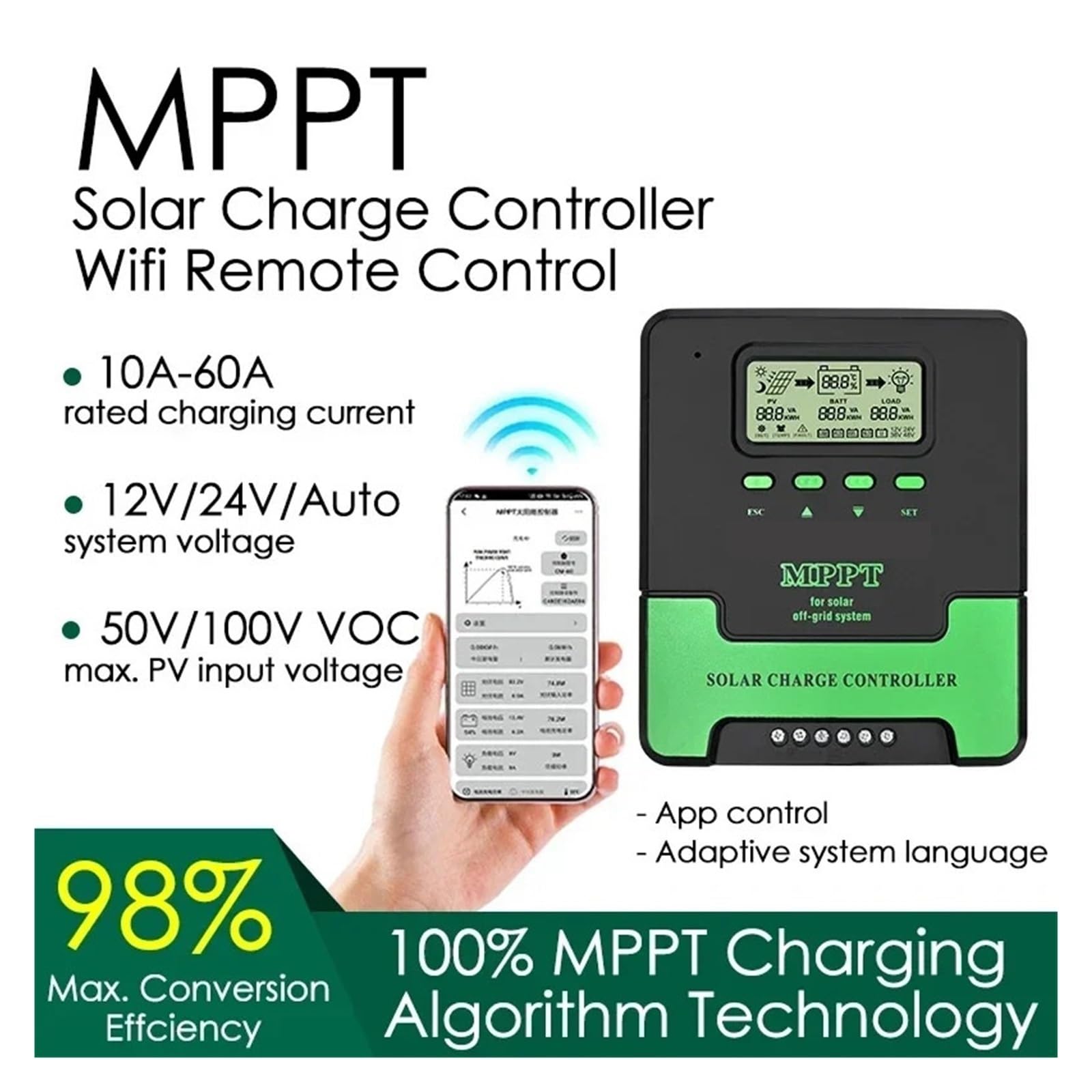 Controlador De Carga Solar MPPT De 12 V Y 24 V Con WiFi, Regulador Automático De Panel Solar, 60 A, 50 A, 40 A, 30 A, 20 A Y 10 A, Con Pantalla LCD Y Doble USB. Fácil Eficaz(60A Wifi MPPT)