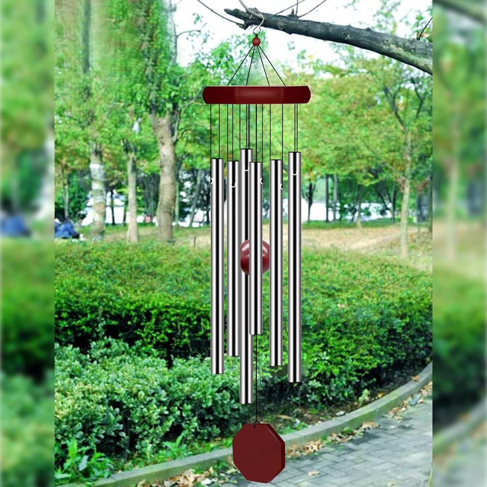 28-Calowy Dzwonek Wietrzny Do Użytku Na ZewnąTrz, Aluminiowy Dzwonek Z 6 Metalowymi Rurkami Do Dekoracji Na Zewnątrz, Na Patio, w Ogrodzie I Na Podwórku,Silver