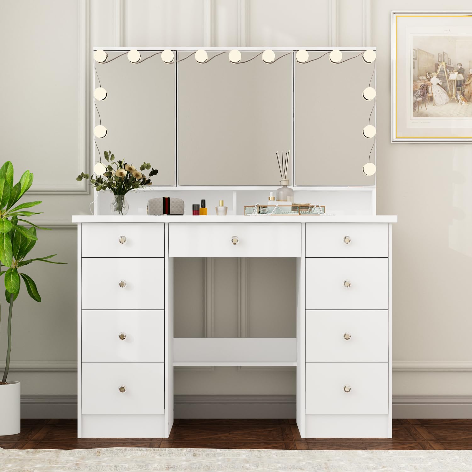 HUAHUU Makeup Vanity Desk With Lights - Large Mirror, 6 Drawers, Charging Station - View #2