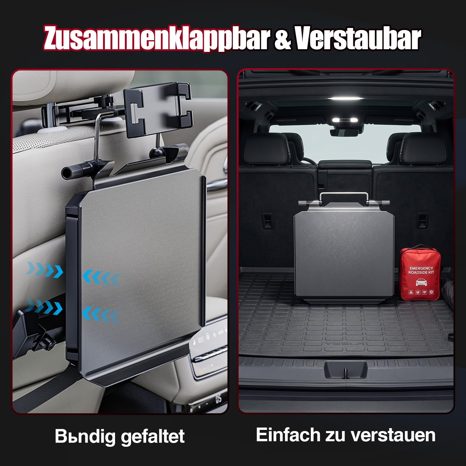 Tavolo pieghevole per auto, allungabile, per l'uso sui sedili anteriori e posteriori, design ergonomico, con portabicchieri nascosti e supporto per cellulare, per lavoro e relax