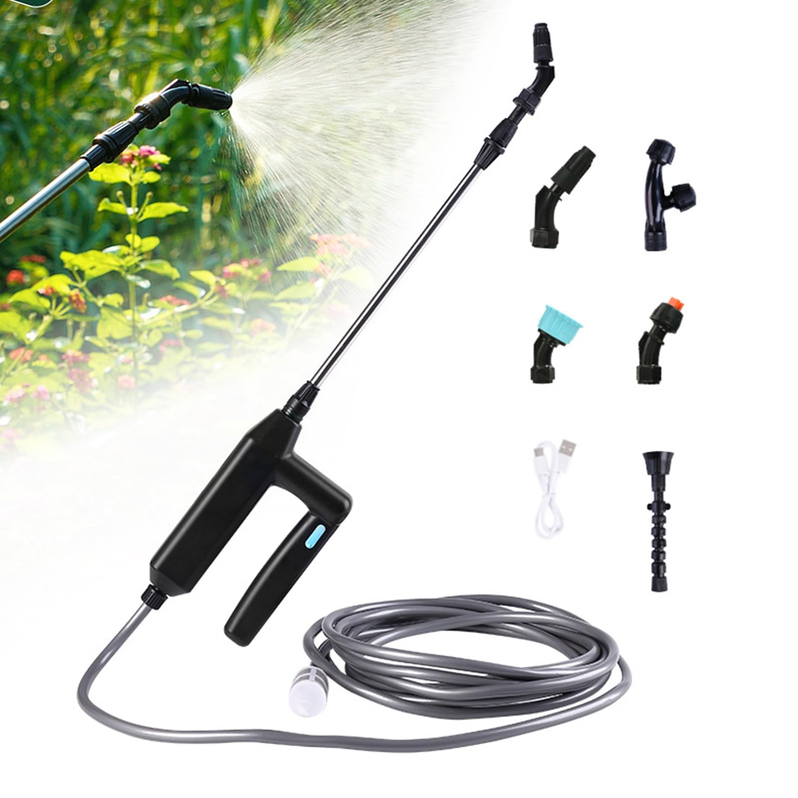 Spruzzatore elettrico per piante con ugelli regolabili e tubo da 8 m, spruzzatore a pressione a batteria da 7,4 V, USB ricaricabile, barra spray portatile per giardino, cortile, prato (pressurizzatore