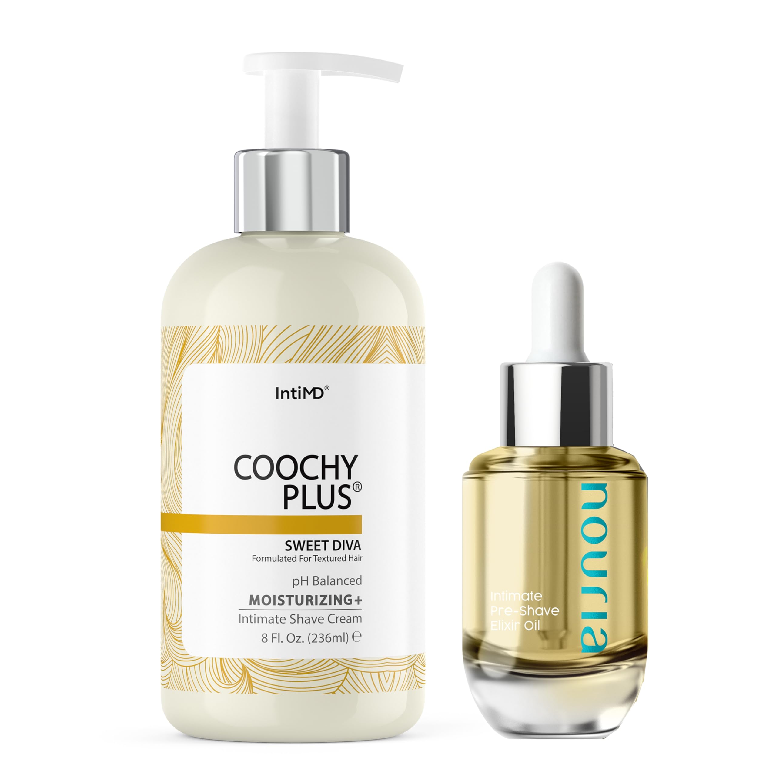 IntiMD Coochy Plus Intimate Shave Cream + Pre-Shave Elixir Moisturizer Oil Kit – HydroLock & MOISTURIZING PLUS Continuous Hydration Reliefs Razor Burn Bump Ingrown Hair