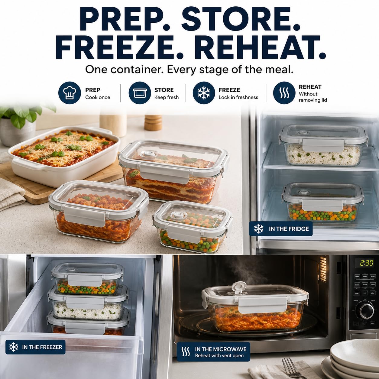 Set di 4 contenitori per alimenti in vetro con coperchio in vetro, adatti per congelatore e forno