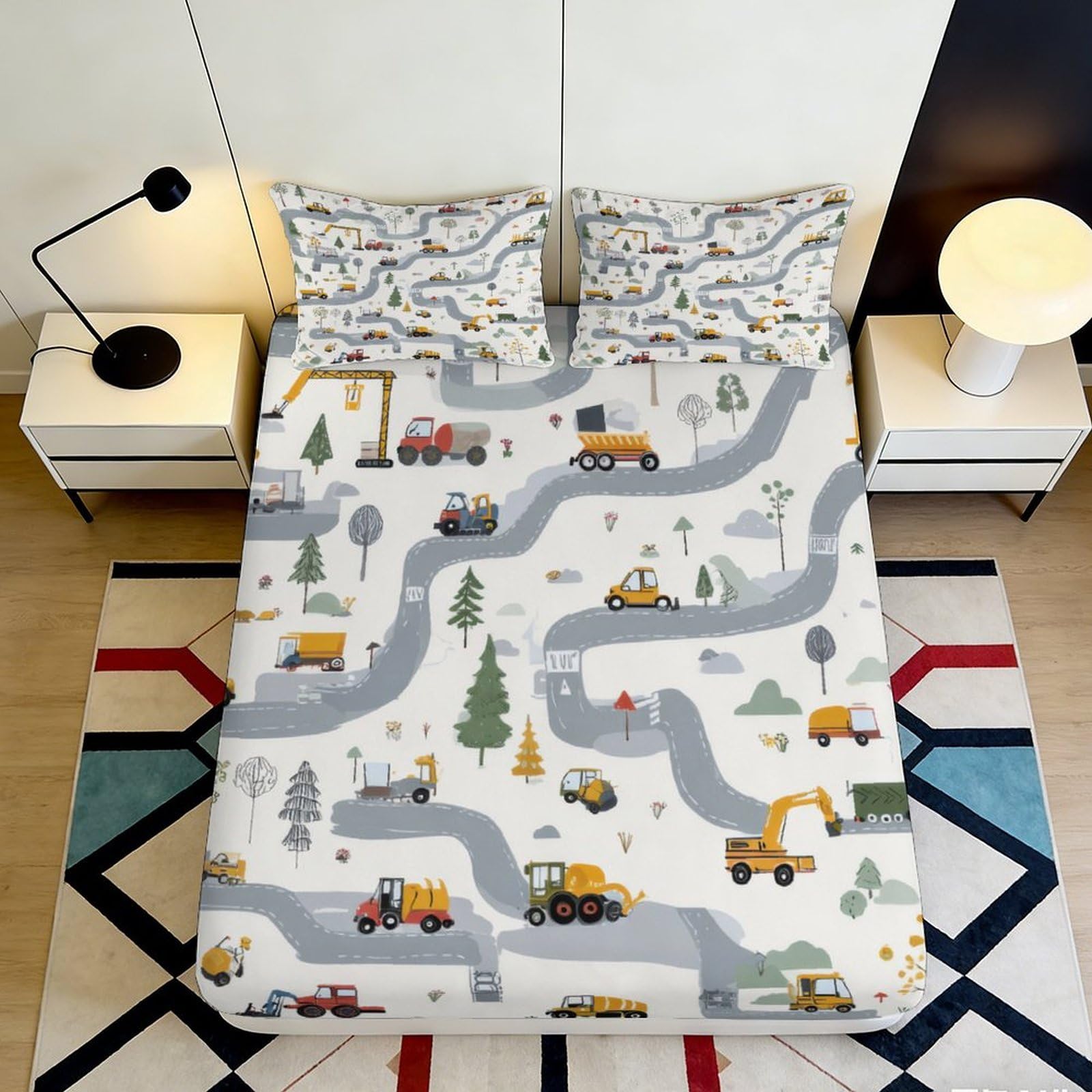 3D Printed Construction Vehicle Fitted Sheet Microfiber Soft Road Map Bed Cover for Bedroom Guest Room Decor 90x200x25cm