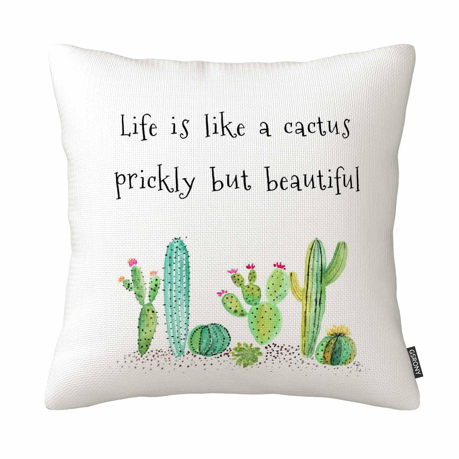 Gsrony White Cactus Throw Pillow Covers Succulents Plants Cactus Quote Life Is Like A Cactus Prickly But Beautiful Cushion Pillow Case 18X18 Inches