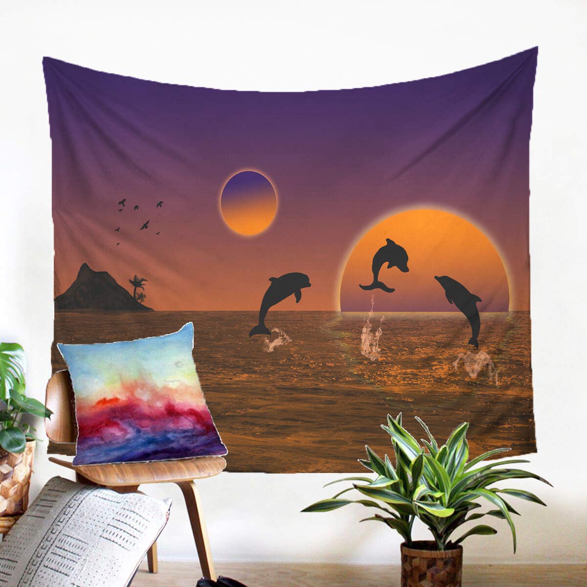 Odot Dolphin Printing Tapestry Wall Hanging, Wall Art Tapestries Decor Beach Towel Blanket Table Cloth Yoga Mat Rugs Bedsheet for Dorm Home Decor (90x64cm,E)
