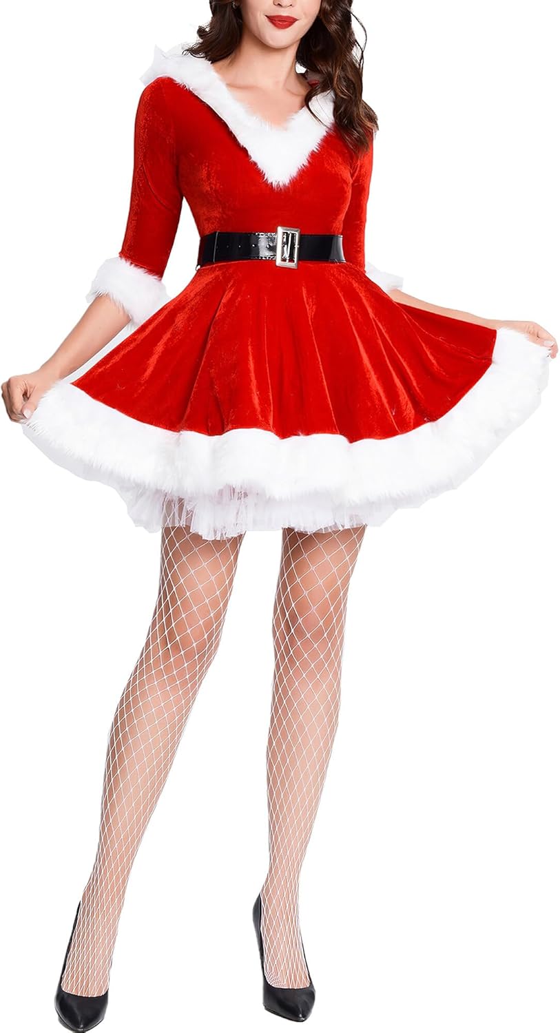 FEOYA Women's Santa Christmas Dress Costumes for Festive Celebrations with Cloak Hat