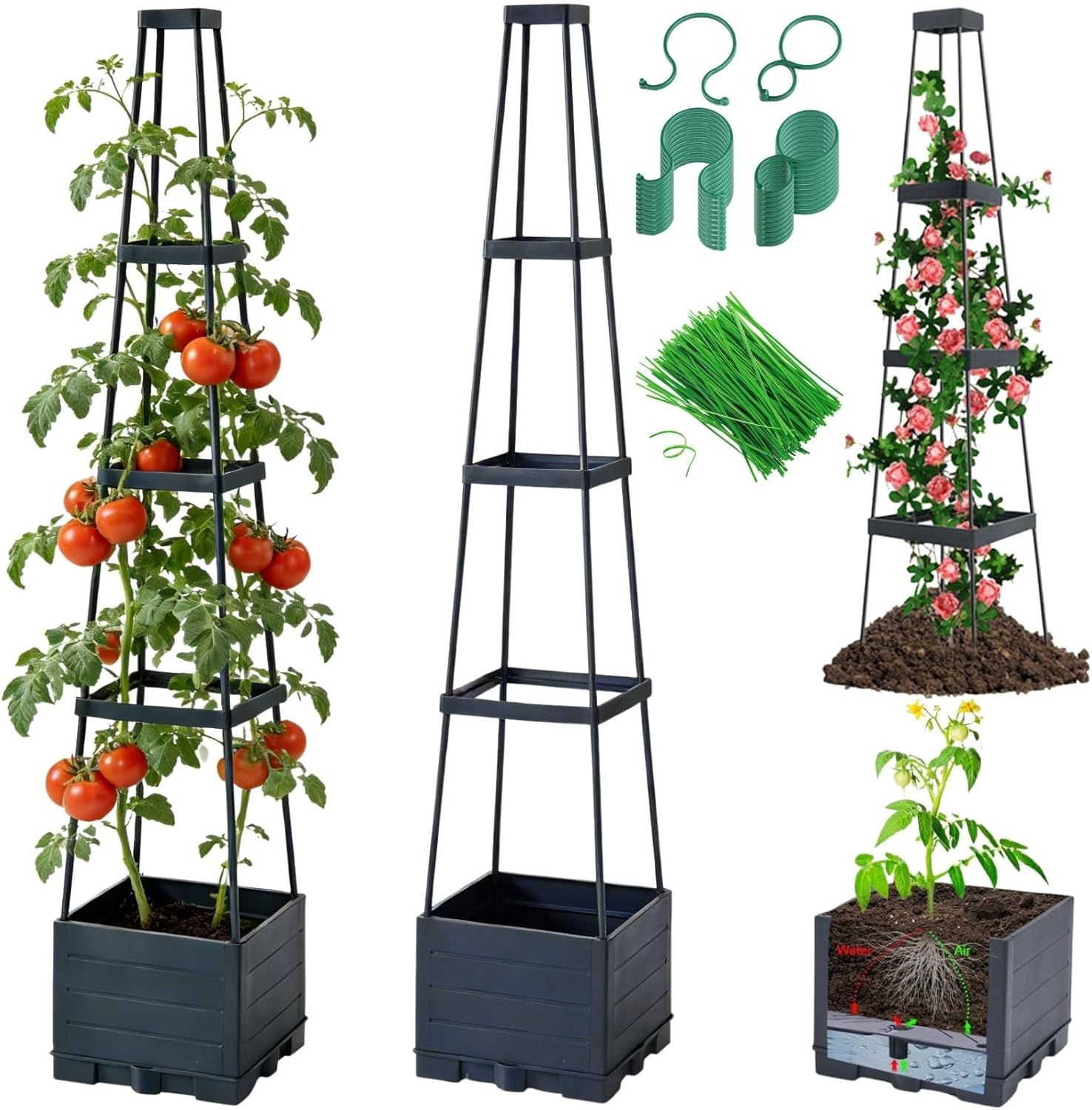 Lancisism 2 Pack Raised Garden Bed Tomato Planter with Trellis - 57" Self Watering Planter Box for Climbing Plants Vegetables Flowers - Garden Tomato Pots with Cage for Patio Greenhouse Indoor Outdoor
