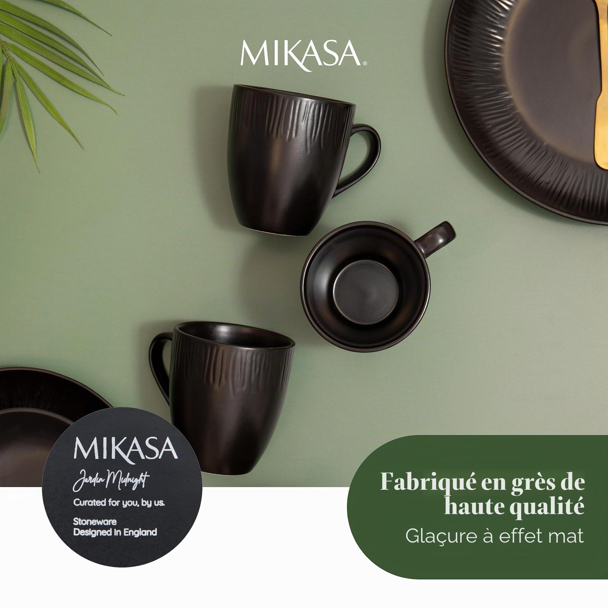 Mikasa Jardin Midnight Set de 4 tasses, noir, Set de 4 tasses, 420ml Tasses en grès pour le thé et le café - Emballage cadeau et lavable au lave-vaisselle