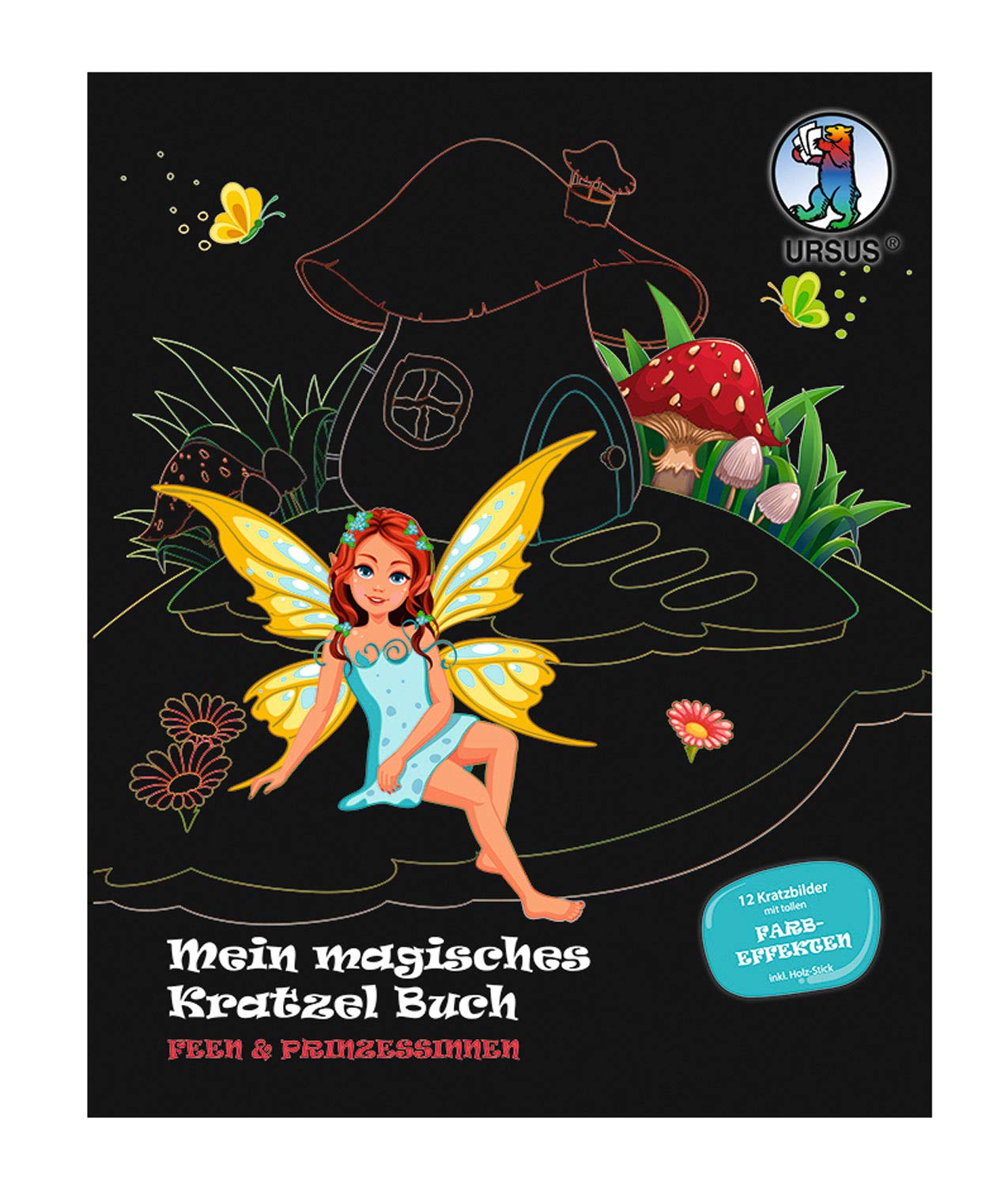 Ursus My Magical Book Fairies & Princess, Scratch Pictures, Approx. 21 x 26 cm in Size, Effects and 12 Mandalas to Colour, Including Wooden Stick, Multicoloured