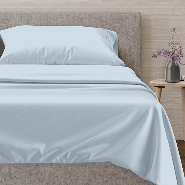 Mayfair Linen 100% Egyptian Cotton Sheets Twin Size - 600 Thread Count Twin Bed Sheets Cotton Set, 16" Deep Pocket (3 PC, Light Blue), Soft Cooling, Durable Sateen Hotel Bedsheet Set for Dorm Rooms