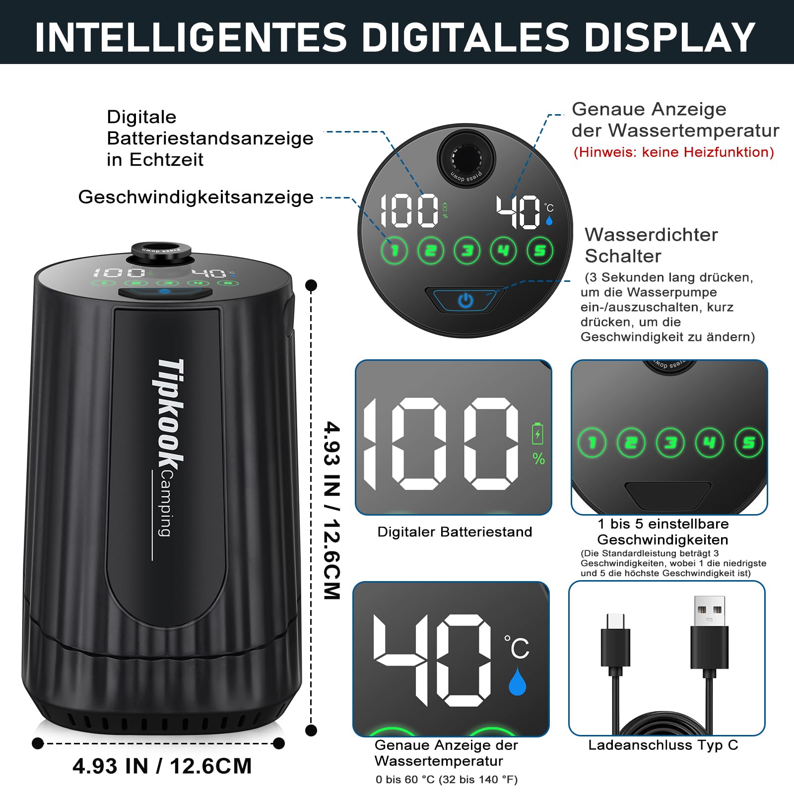 Campingdusche mit Pumpe, Campingdusche Tragbare wiederaufladbarem 10000mAh, intelligenter Digitalanzeige, Camping Dusche mit Duschkopf und Schlauch, für Garten Reisen Haustierwäsch Autowäsche