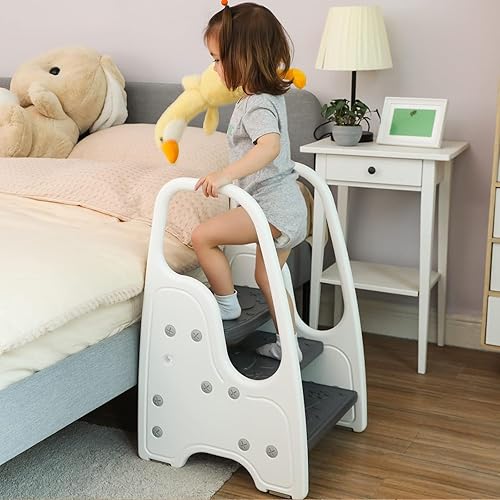 Miniatura 5 de Taburete plegable de 3 escalones con asa para niños pequeños y niños, torre de pie para lavabo del baño, entrenamiento para ir al baño, ayudante de
