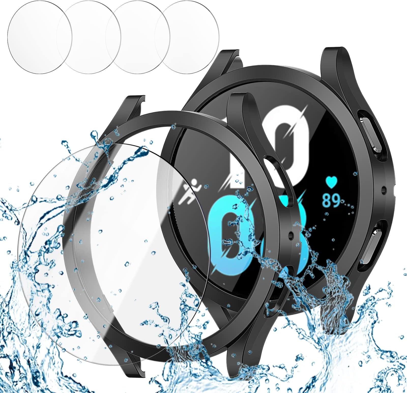 Haojavo [2+4] Pack for Samsung Galaxy Watch FE/Galaxy Watch 5/Galaxy Watch 4 40mm Screen Protector Case, Hard PC Protective Bumper Shell + Anti-Fog Tempered Glass Film, Waterproof Face Cover Set