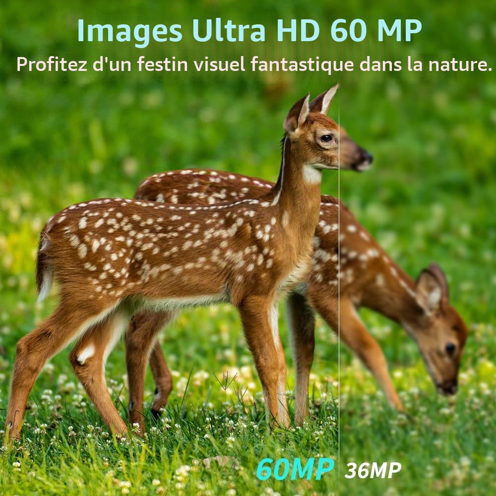 Caméra de faune, Caméra de faune 5K 60MP, Caméra de chasse grand angle de 30m 130, Temps de déclenchement de 0,05s, Vision nocturne, Capteur de mouvement, Étanche IP66, Pas de scintillement, LED