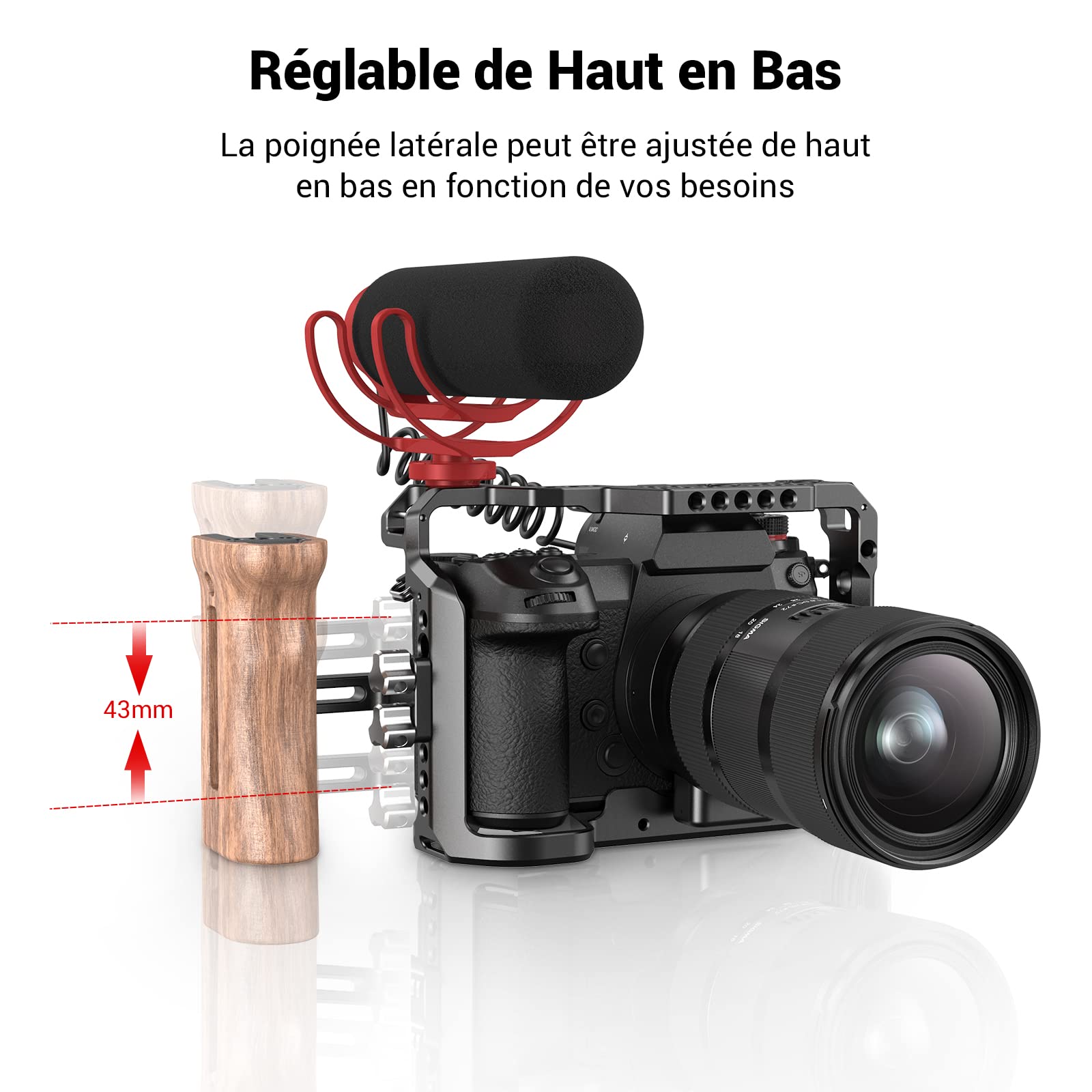 SMALLRIG Poignée en Bois avec Fixation Cold Shoe, Poignée Latérale Ajustable pour Camera DSLR Cage - 2093C