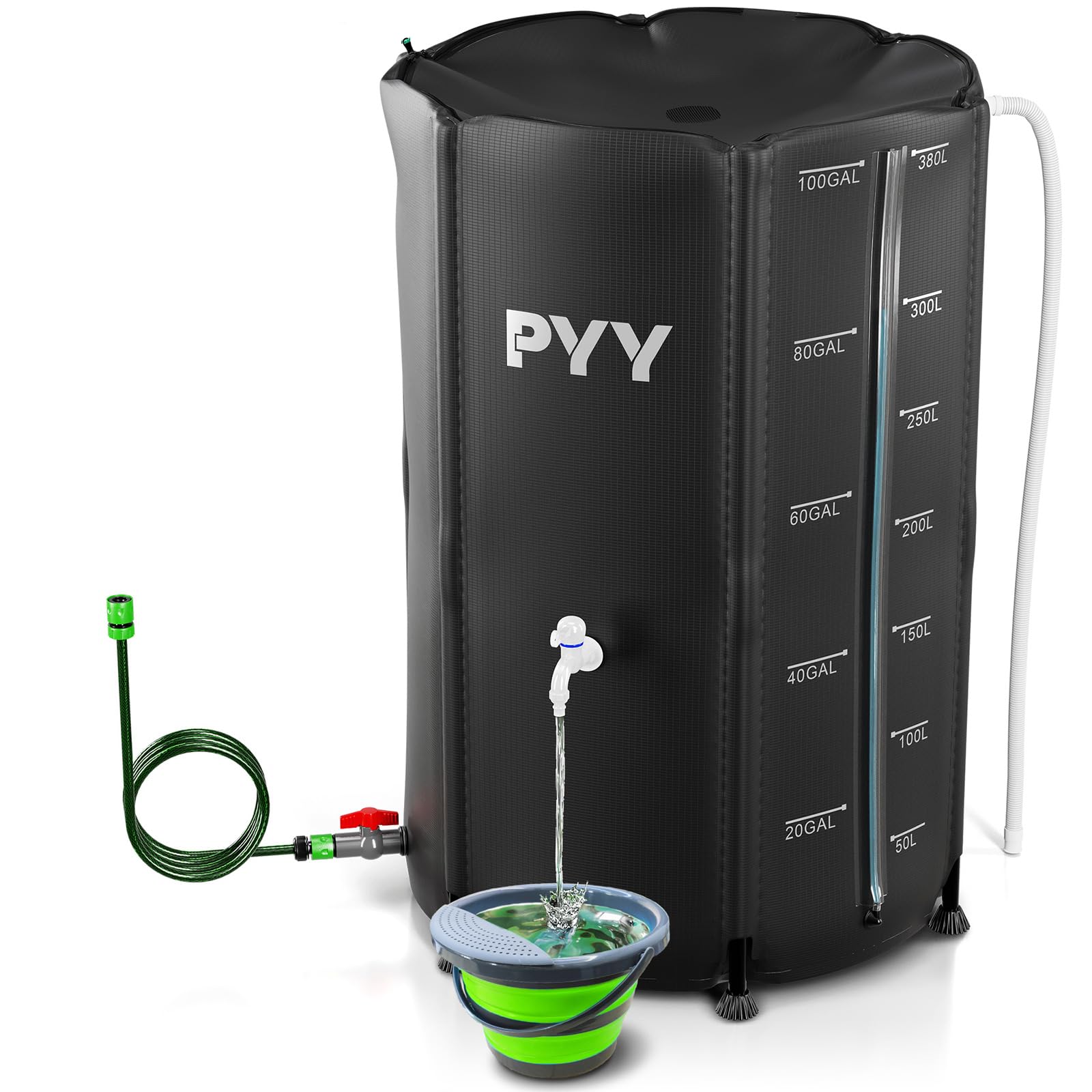 PYY Rain Water Collection Barrel - 99 Gallon Large Water Storage Tank with Spigots, Portable Rain Catcher to Collect Rainwater from Gutter, Plastic Rain Catchment System with Collapsible Bucket