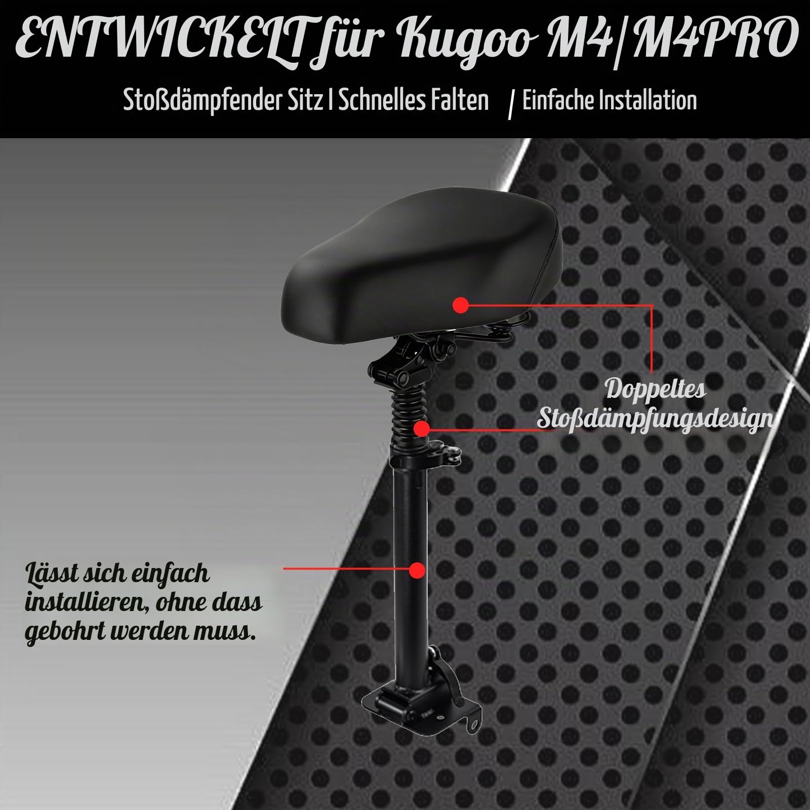 Elektroroller Sitz für Elektroroller Kugoo M4 / M4 PRO, 40-55CM höhenverstellbar Klappsitz, mit Stoßdämpfender Sitzkissen und tragbarer Schultergur (Für Kugoo M4)