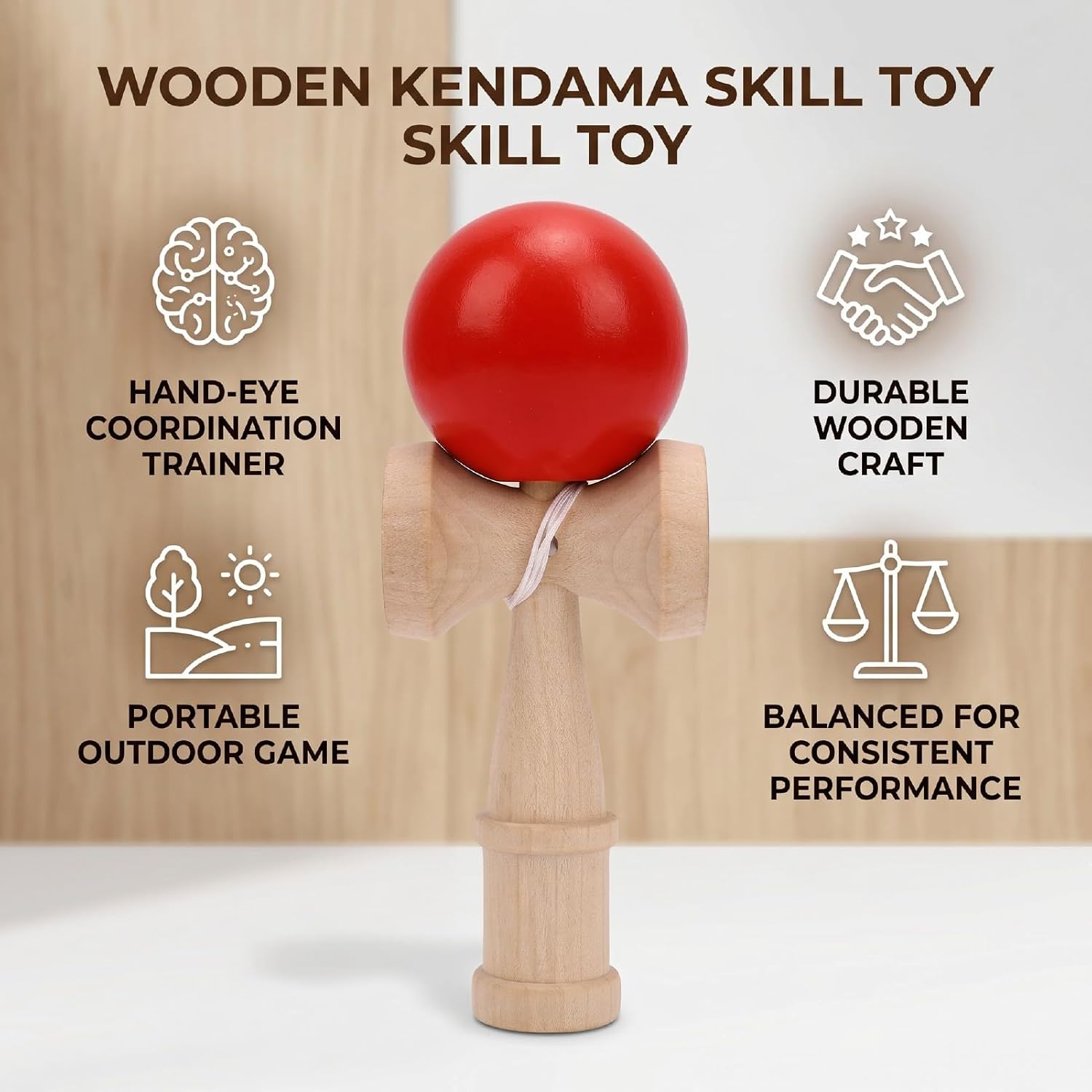 Pongnas Drewniana Zabawka Kendama - Gra w Kubek i piłkę do Treningu Koordynacji Ręka-oko i Zabaw na świeżym powietrzu. czerwony