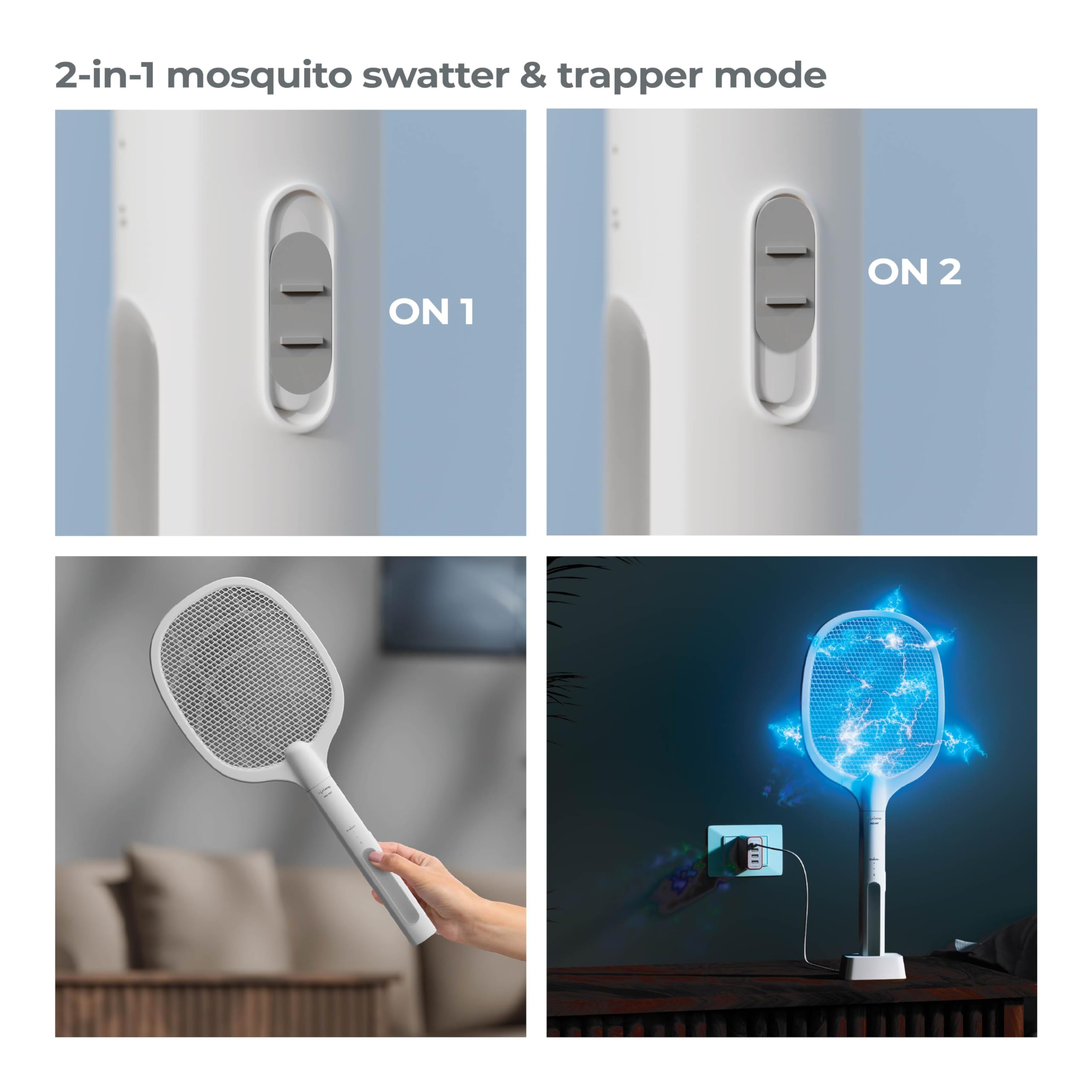 Lifelong 2 in1 Electric Mosquito Racket | 2X Quick Charging | Fly Swatter with a Base Stand | UV Light & Base Type-C Charging | Rechargeable 1200mAh Battery | Lasting Battery 2