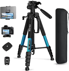 75" Heavy Duty Camera Tripod Stand with Bluetooth Remote - Max Load 15LB, Aluminum Travel Tripod for DSLR/Phone/Tablet/Projector, 3-Way Pan Head & Quick Release Plate, Compact Foldable Design (Blue)