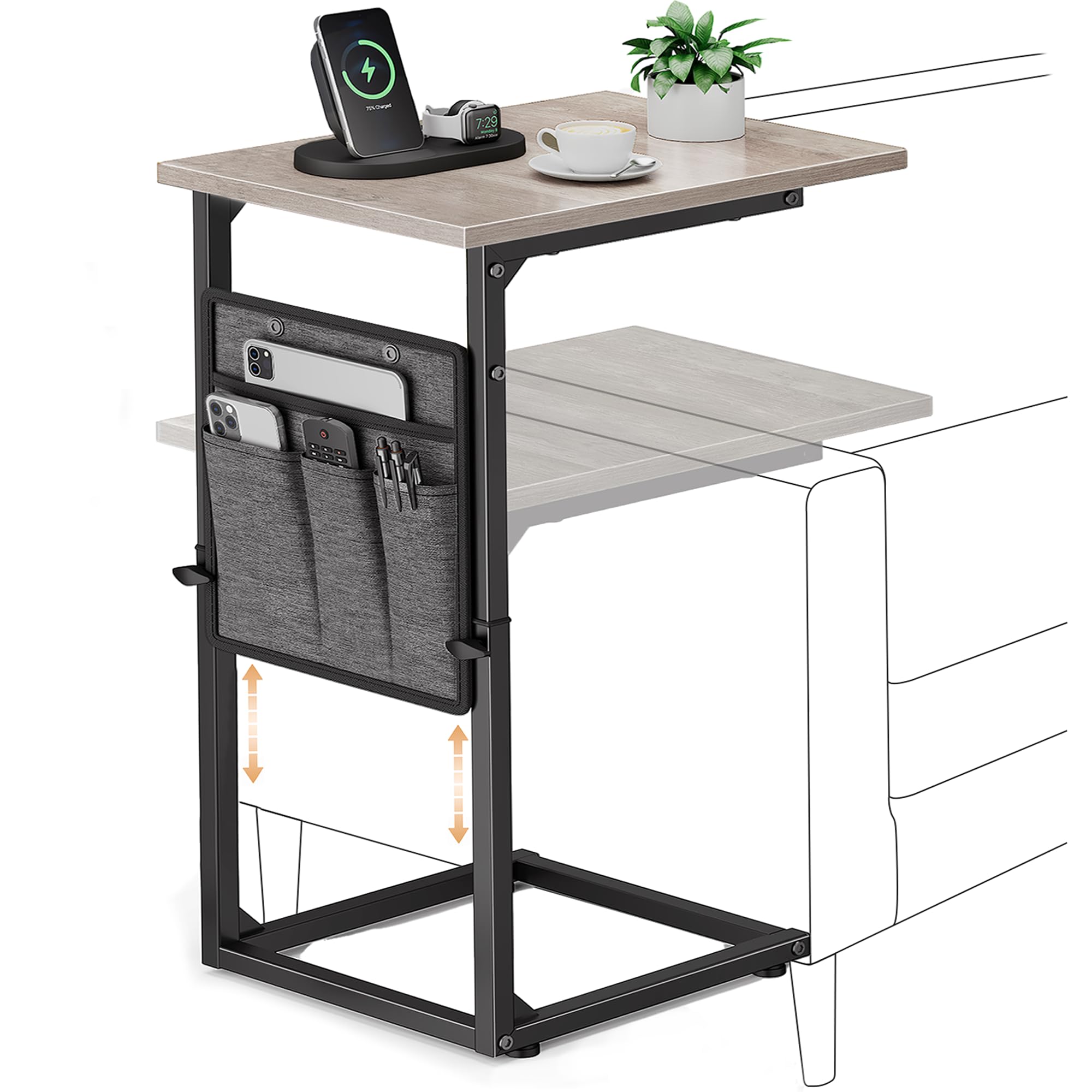 Vagusicc C-Shaped Side Table, Height Adjustable Sofa Side Table, Bedside Table with Cloth Storage Bag, C Tables End Table for Small Spaces, TV Tray Table Coffee Table for Living Room, Bedroom, Gray