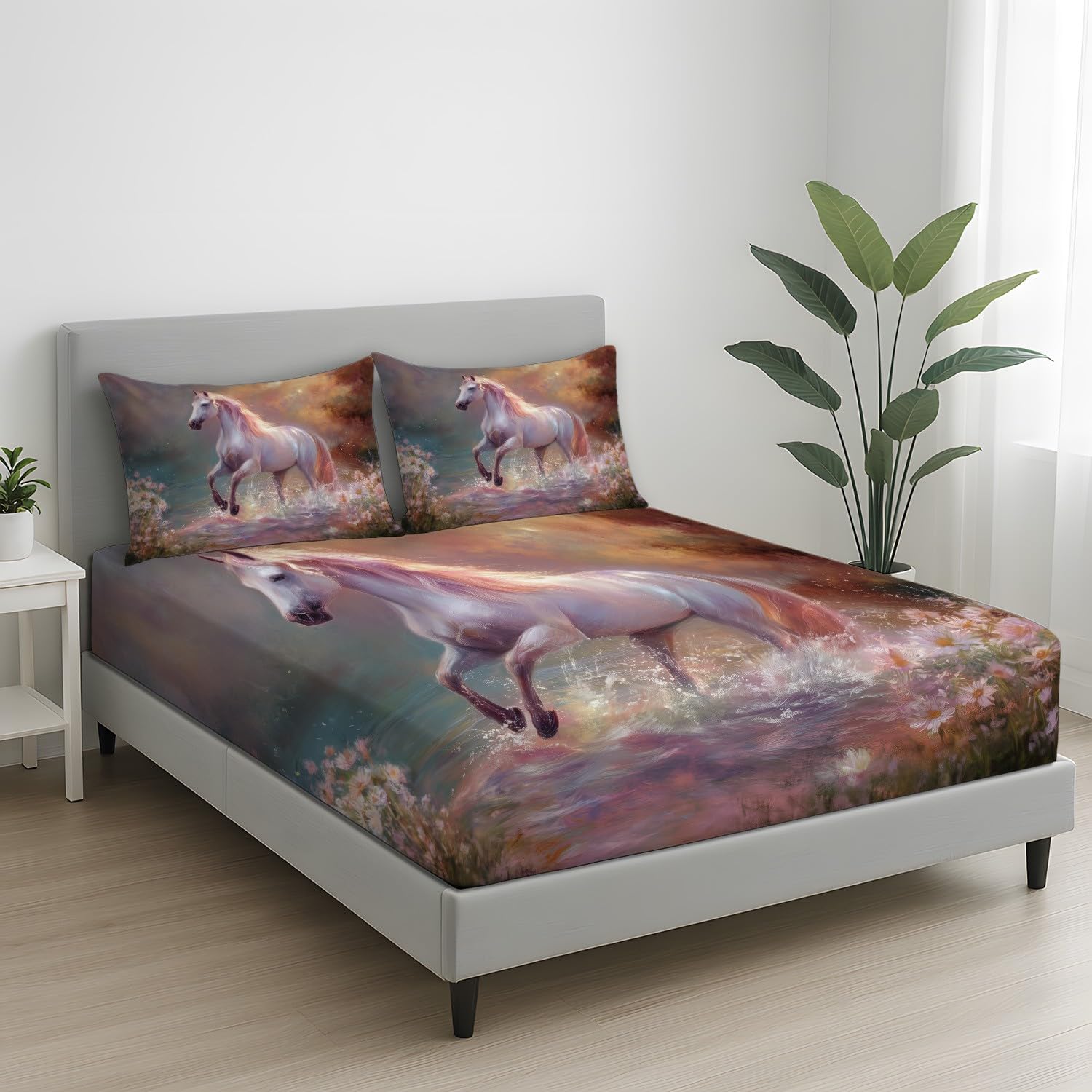 Eteryczne prześcieradło z gumką 180 x 200, fantazyjne prześcieradło z gumką, mistyczne nadrukiem dla dorosłych, motyw konia, 180 x 200 cm, na materac do 30 cm wysokości z 2 poszewkami na poduszkę