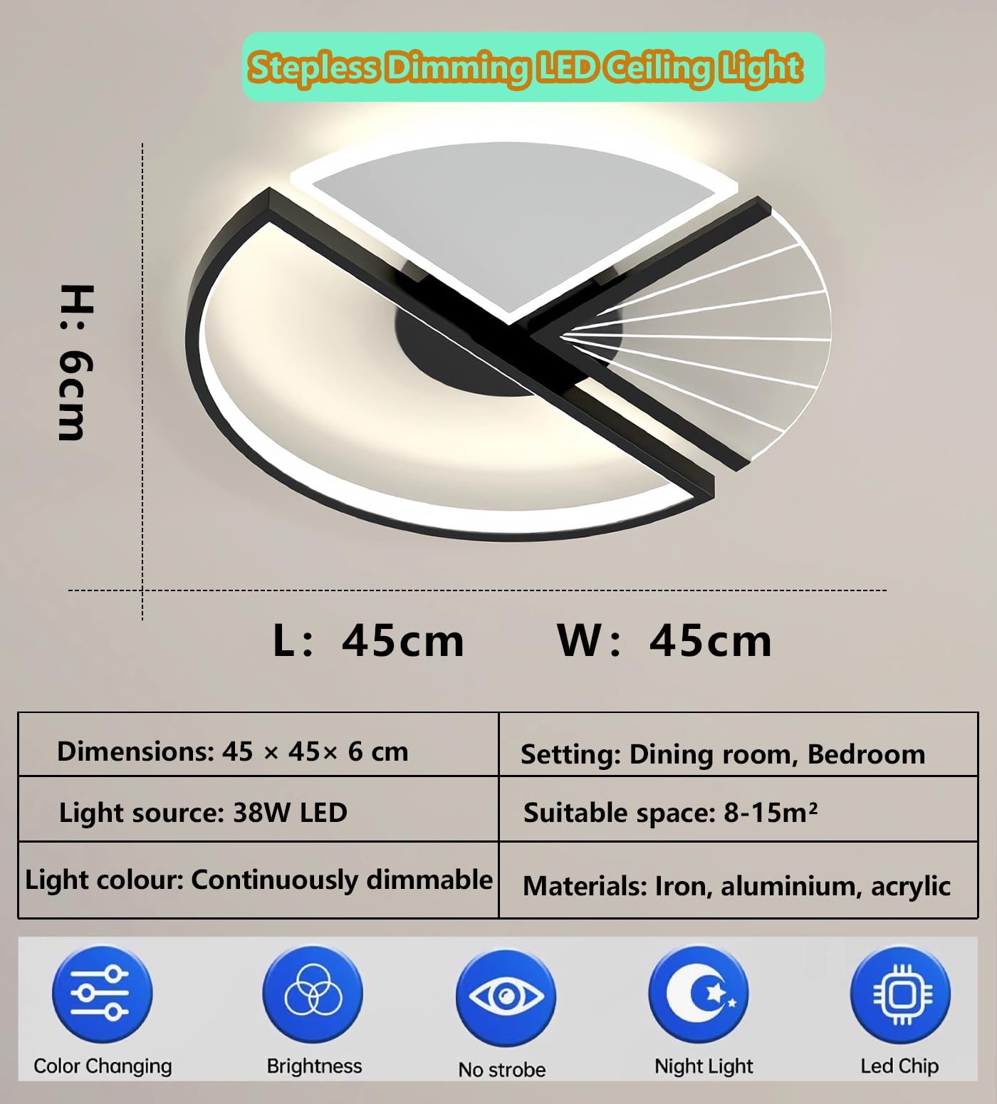 LED Prostokątna lampa sufitowa z funkcją ściemniania Lampa sufitowa do salonu Nowoczesna lampa sufitowa LED z pilotem Metalowe akrylowe oprawy do salonu sypialni jadalni (Czarny, 45cm)