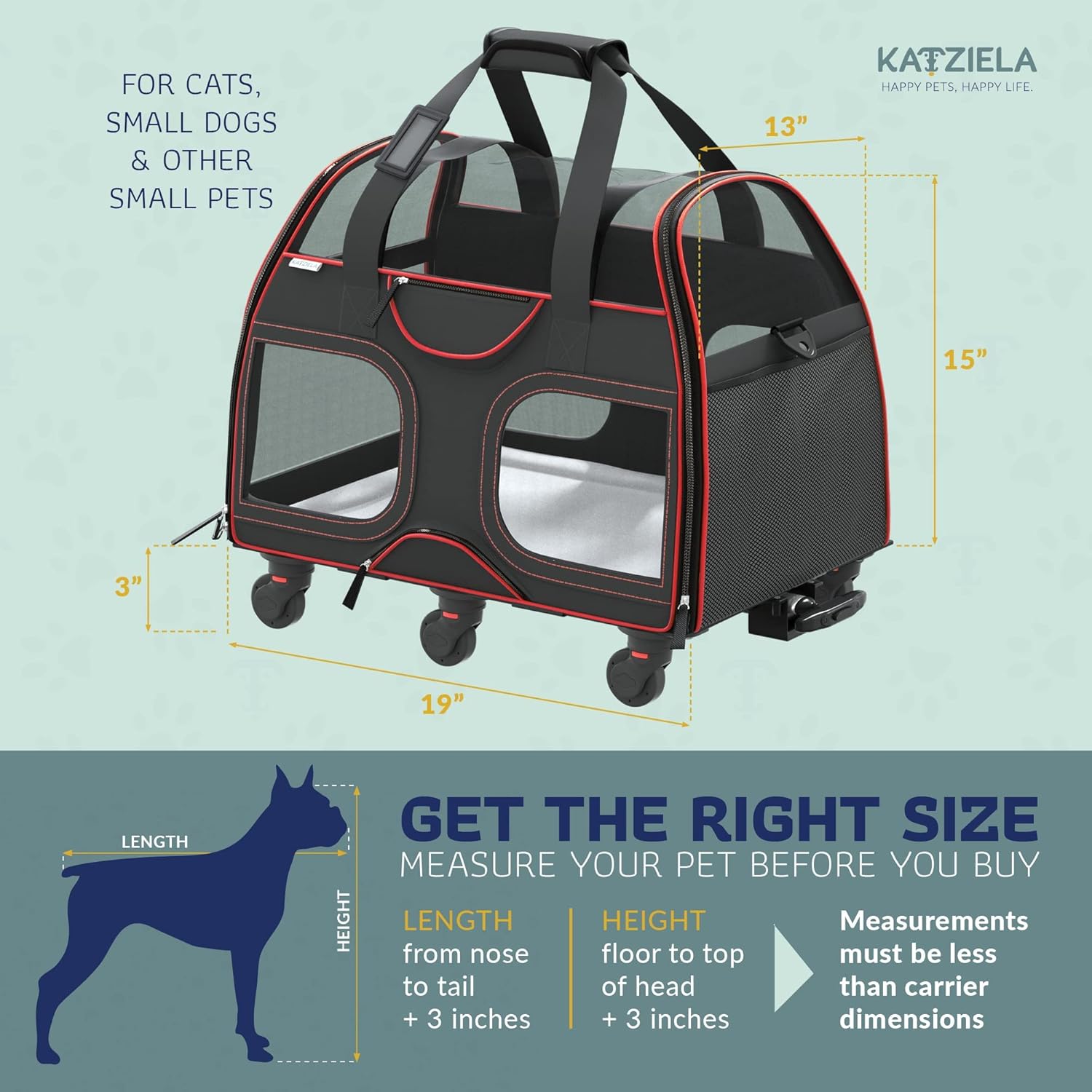 Katziela Pet Carrier with Removable Wheels - Soft Sided, Airline Approved Small Dog and Cat Carrying Bag with Telescopic Walking Handle, Mesh Ventilation Windows and Safety Leash Hook (Black) (Black) : Everything Else