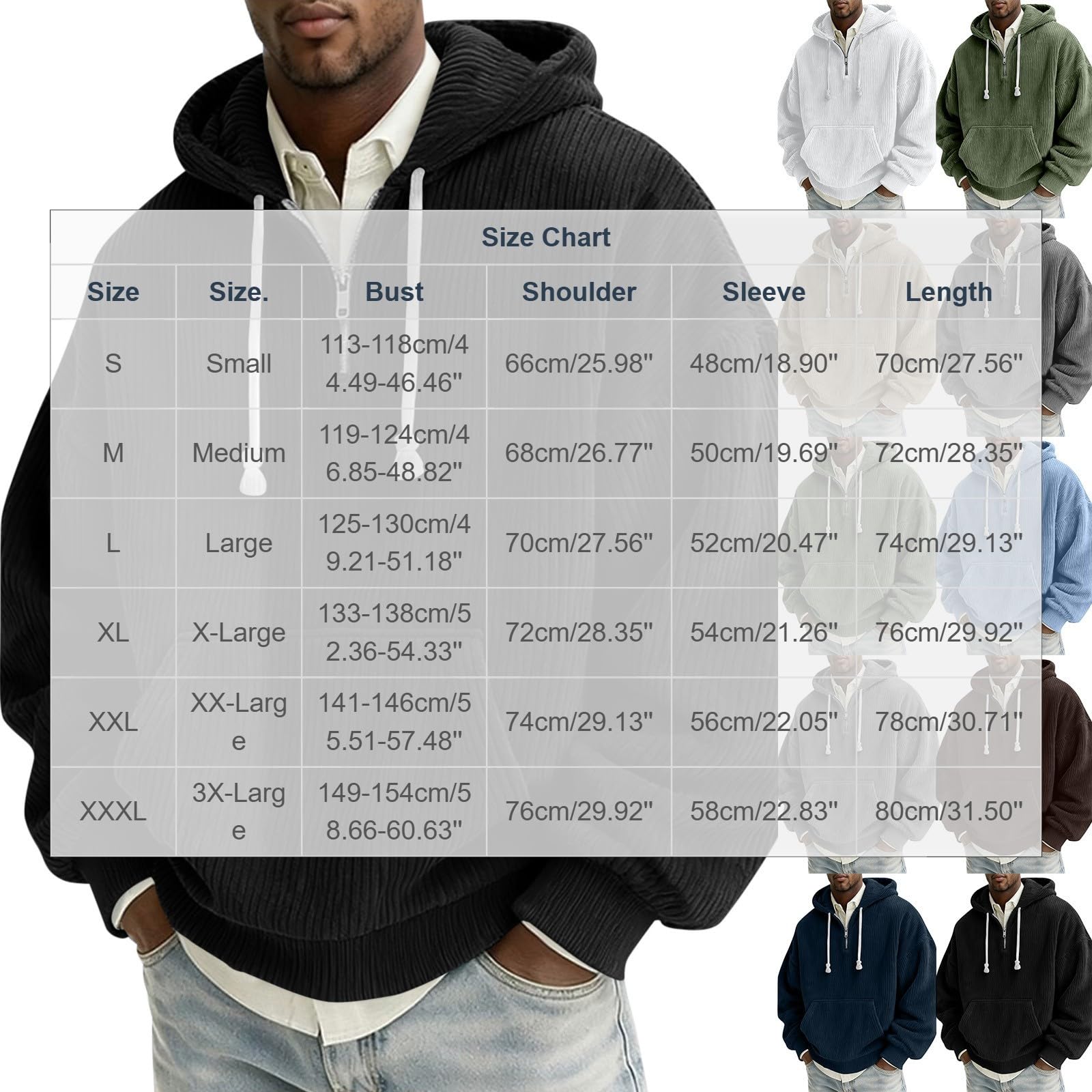 Sweat à Capuche Homme, Poche Kangourou, Velours Côtelé, Manches Longues