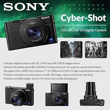 Sony Cyber-Shot RX100 VII Digital Camera, 20.1MP 1 Stacked CMOS Sensor, ZEISS Vario-Sonnar T 24-200mm f/2.8-4.5 Lens, 4K Video, Bundle with 32GB SD Card, Camera Bag, Sony