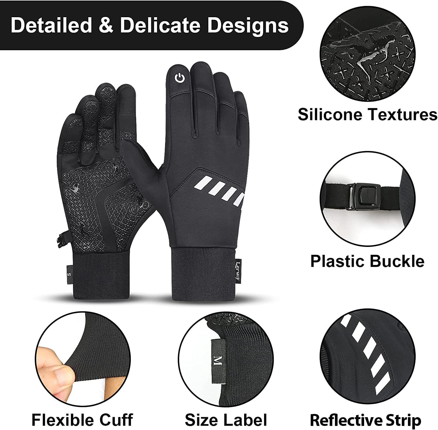LERWAY Winterhandschuhe Verdickt Wärme Handschuhe Touchscreen Wasserdicht Fahrrad Handschuhe MTB Rutschfestem Reflektierendes Sport Handschuhe für Herren Damen Radfahren, Laufen (Schwarz M) Fashion