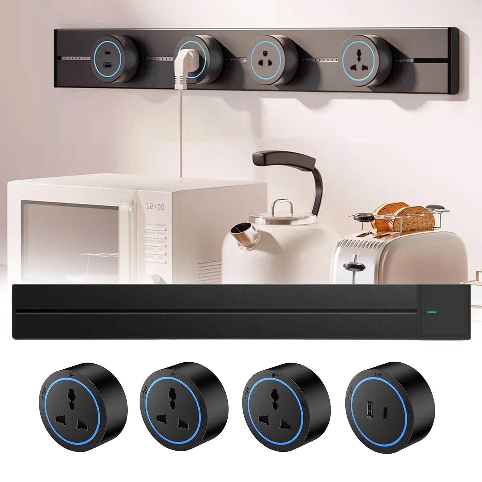 Toma De Corriente De Riel De 8000 W, Toma De Corriente De Pared con Adaptador Universal Multifuncional Y Adaptador De Carga con Puertos USB A+c, Ideal para Cocina, Estudio Y Oficina 60cm