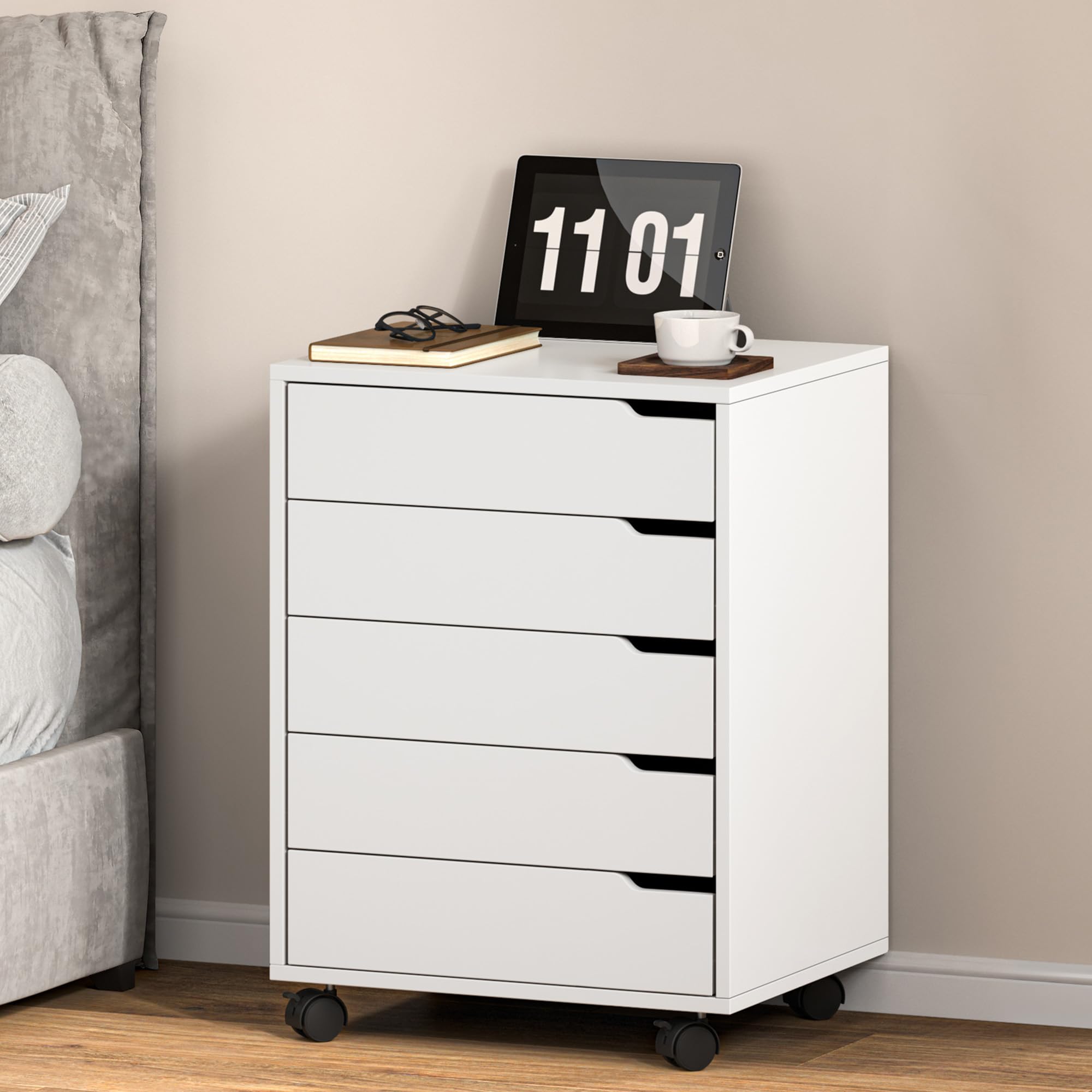 SDHYL Archivador vertical de 5 cajones con asas, carrito con ruedas, cajón con cajones, almacenamiento debajo del escritorio para oficina en casa, 5 cajones, blanco