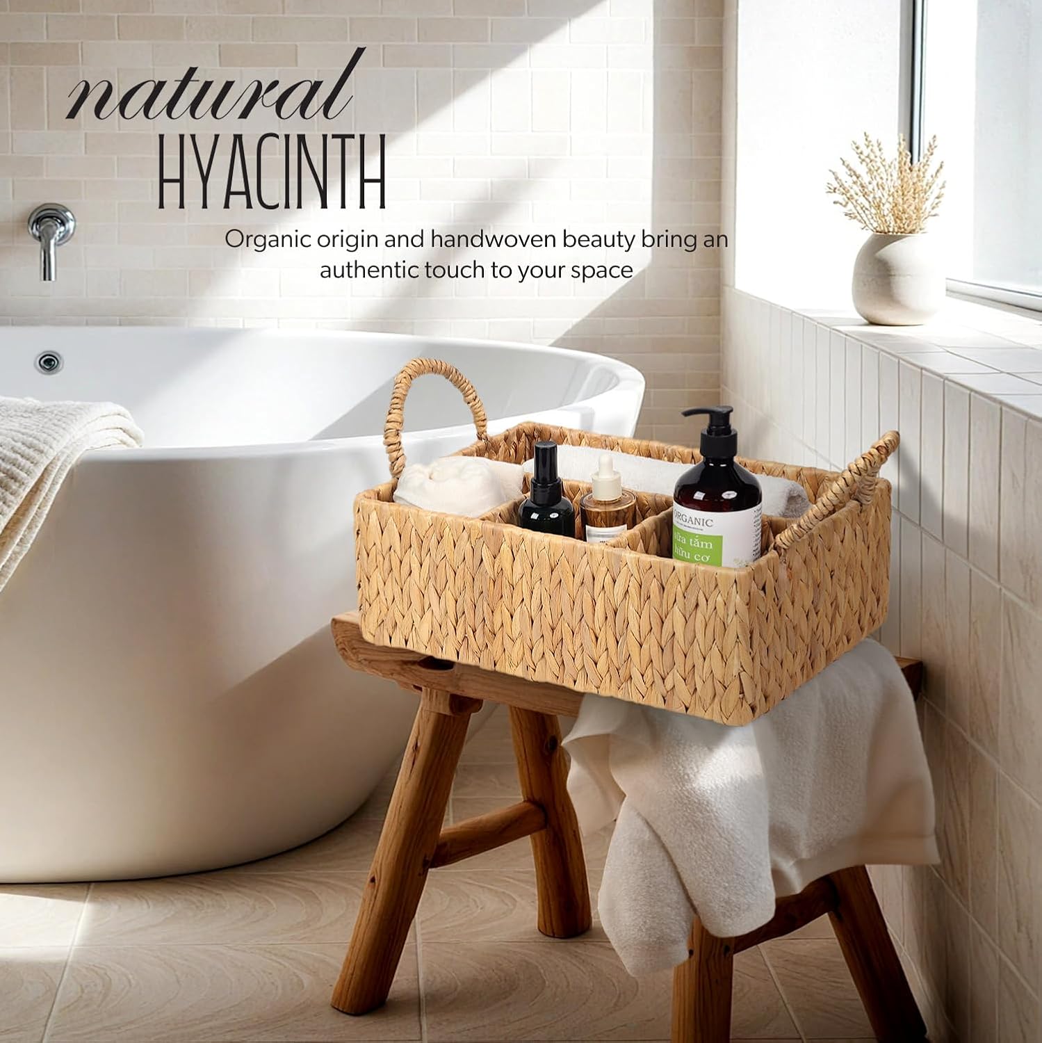 Divided Hyacinth Baskets with Handles, Storage Basket Natural for Organizing Bathroom Kitchen Shelves Office Supplies Organization, Wicker Storage Baskets 4 Section Rectangular Tray