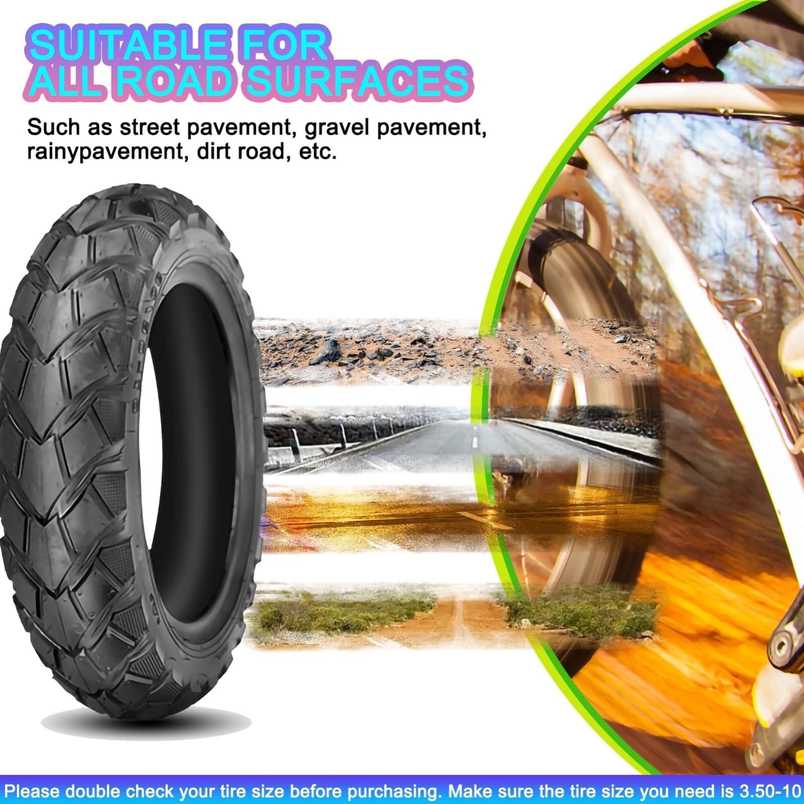 3.50-10 Pneu Trottinette Tubeless 3.50/10 avec Profil Tout-Terrain pour Jantes 10 Pouces avec 3 50 10 8PR 57J 520lbs Double Ajustement 90/90-10