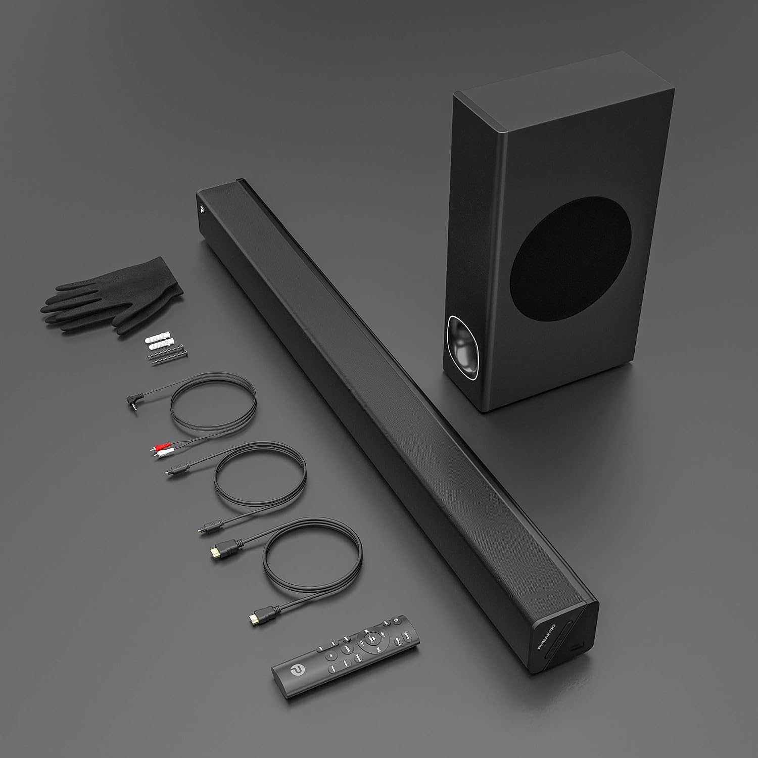 PHEANOO P27 Soundbar and Subwoofer package contents including remote, cables, and mounting kit.