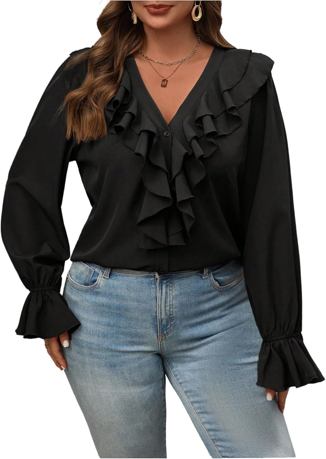 WDIRARA Women's Plus Size Ruffle V Neck Long Sleeve Blouse Dressy Office Top