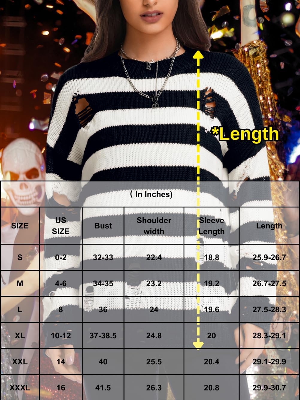 Women's Goth Ripped Sweaters, Oversized Long Sleeve Crewneck Striped Knit Pullover Sweater for Halloween