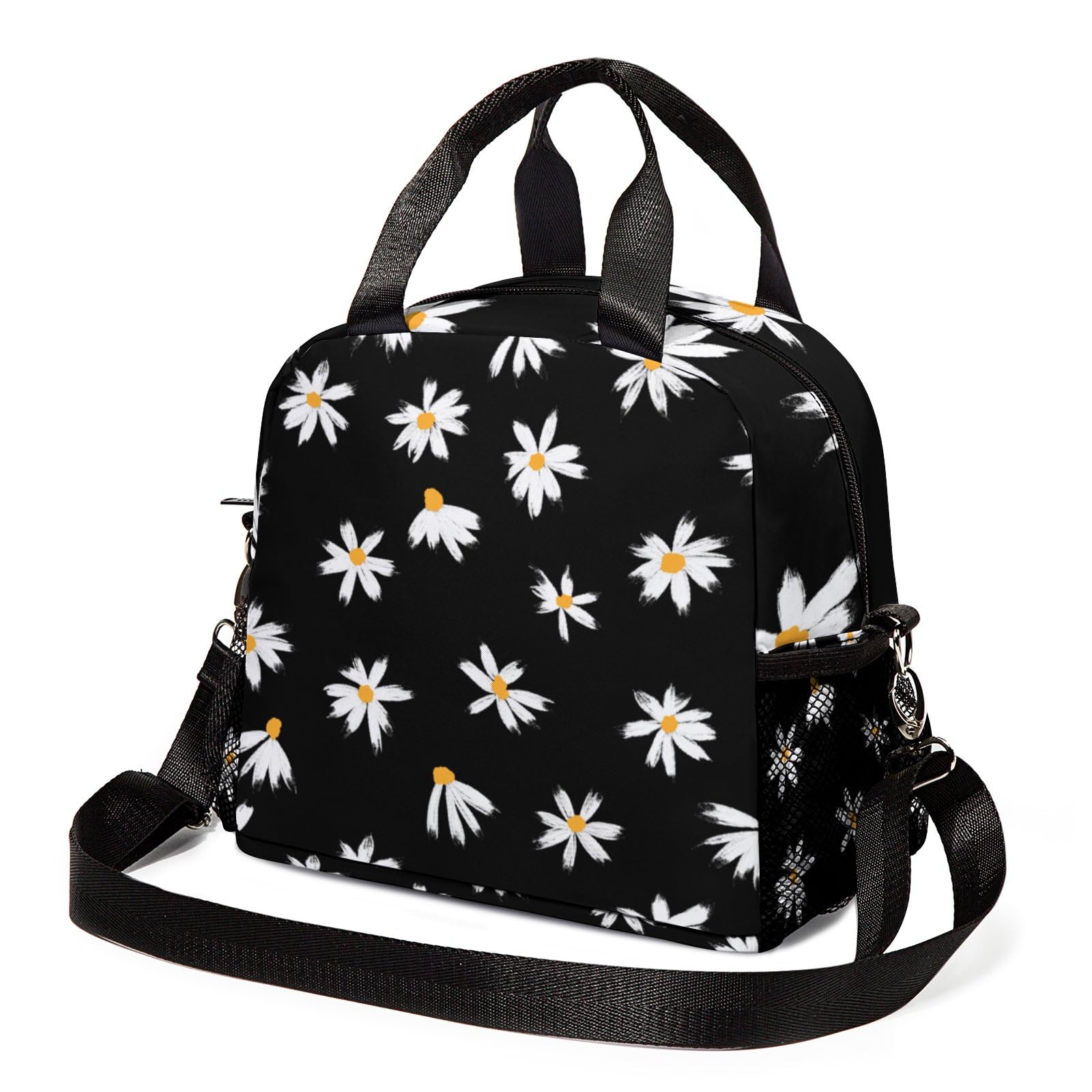 Daisy Lunch Box for Women Girls Black Insulated Lunch Bag Leakproof Reusable Lunch Tote Bag with Adjustable Removable