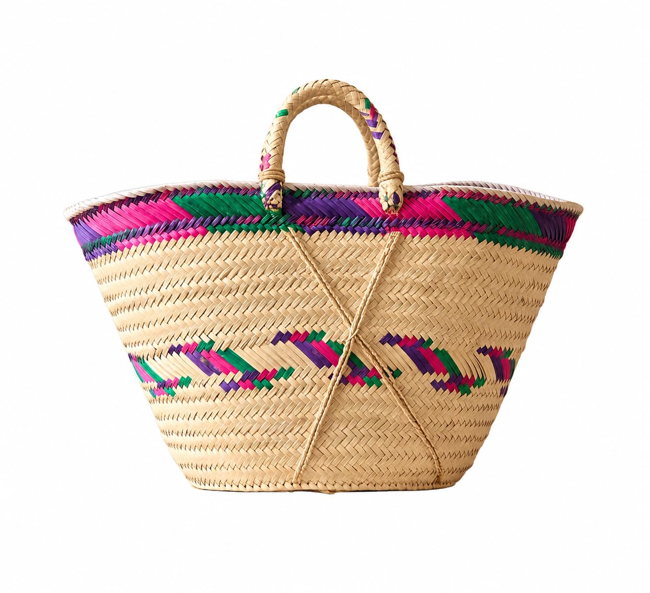 Panier Tressé en Paille, Multicolore, Motif Chevron | Anses Tressées, Fait Main, Sac de Plage ou Marché