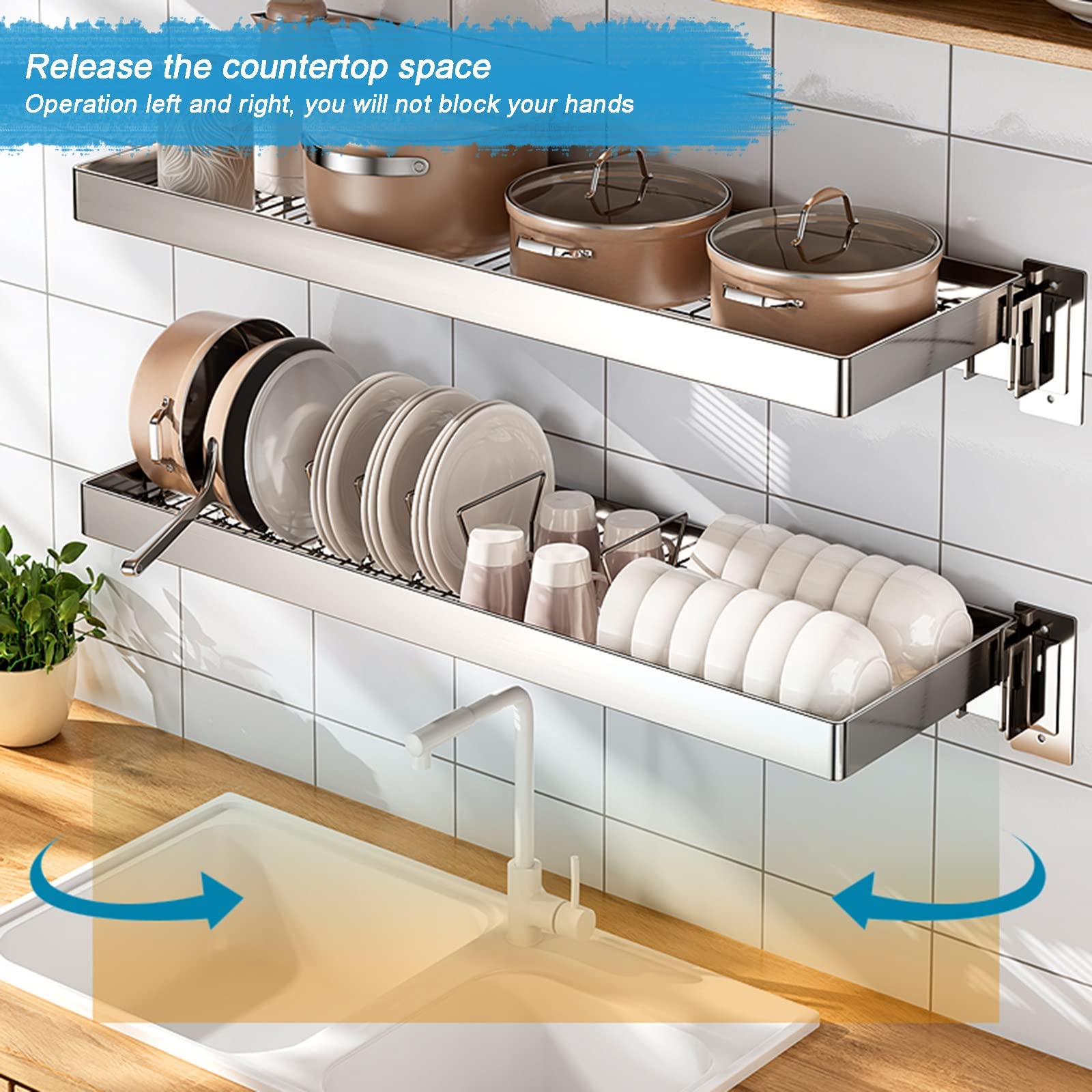 Escurridor de platos de acero inoxidable montado en la pared para fregadero superior, estante de drenaje ajustable, construcción duradera