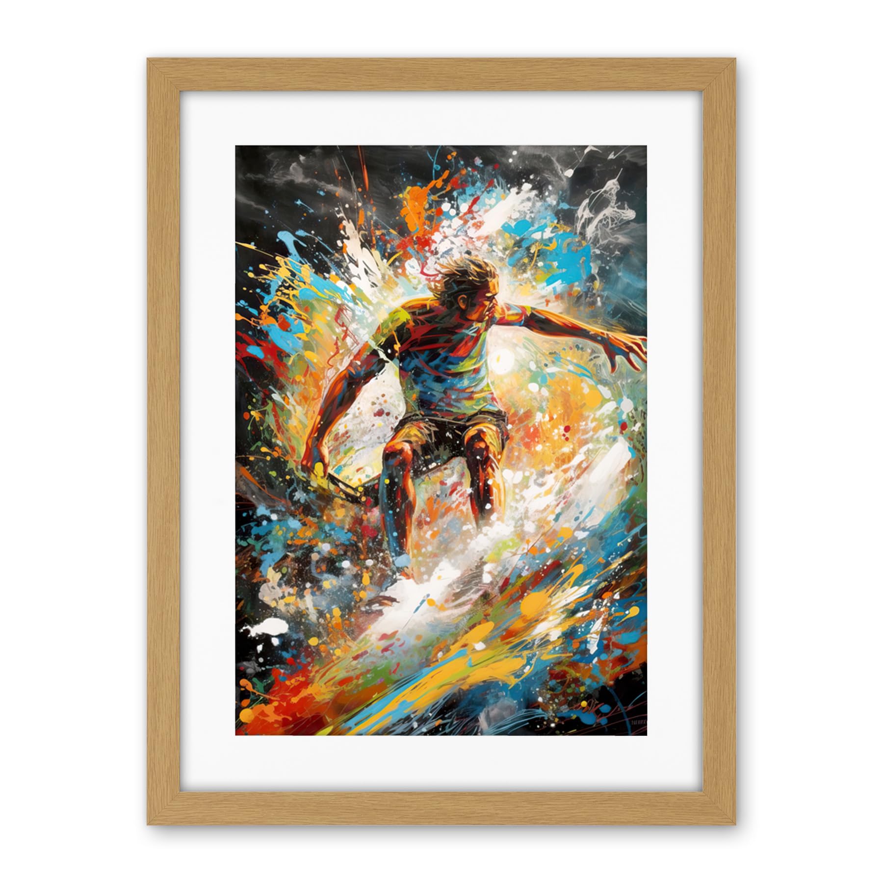 Artery8 Surfer Surfing on Crashing Waves Splatter Paint Artwork Framed Wall Art Print 18X24 Inch