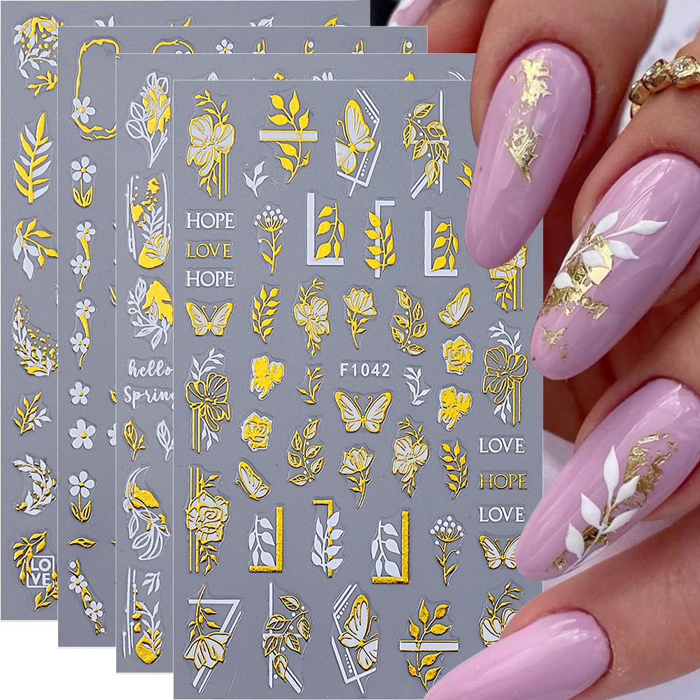 8Sheet Laser Nail Stickers - Spring/Summer Floral Art with White Flowers, Leaves, 3D Butterflies & Gold Accents for Women's Nail Art Decor